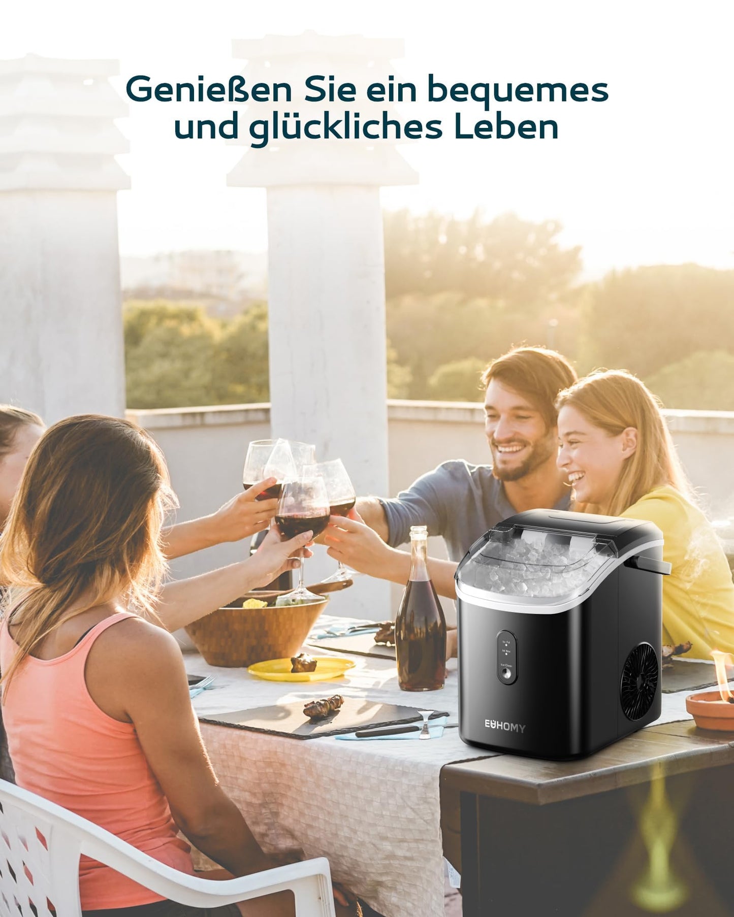 EUHOMY Ice Cube Machine, 15kg/24h, Production in 6 Minutes, Crushed Ice Maker, Nuggets Ice, Automatic Cleaning, 120W Table Ice Cube Machine, Infrared Sensor, Energy Efficient, Black - B0CSYGQPW2
