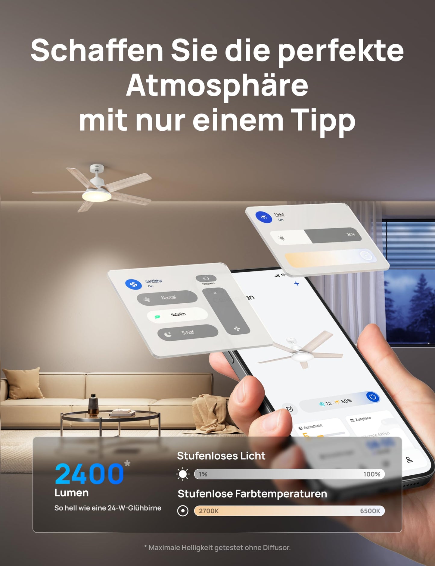 DREO Smart Ceiling Fan with Light, 52" 12 Speeds, 3 Modes, Continuously Dimmable LED Lighting, Quiet DC Motor, 12H Timer, Remote Control/APP/Alexa, Indoor, White - DR-HCF001S