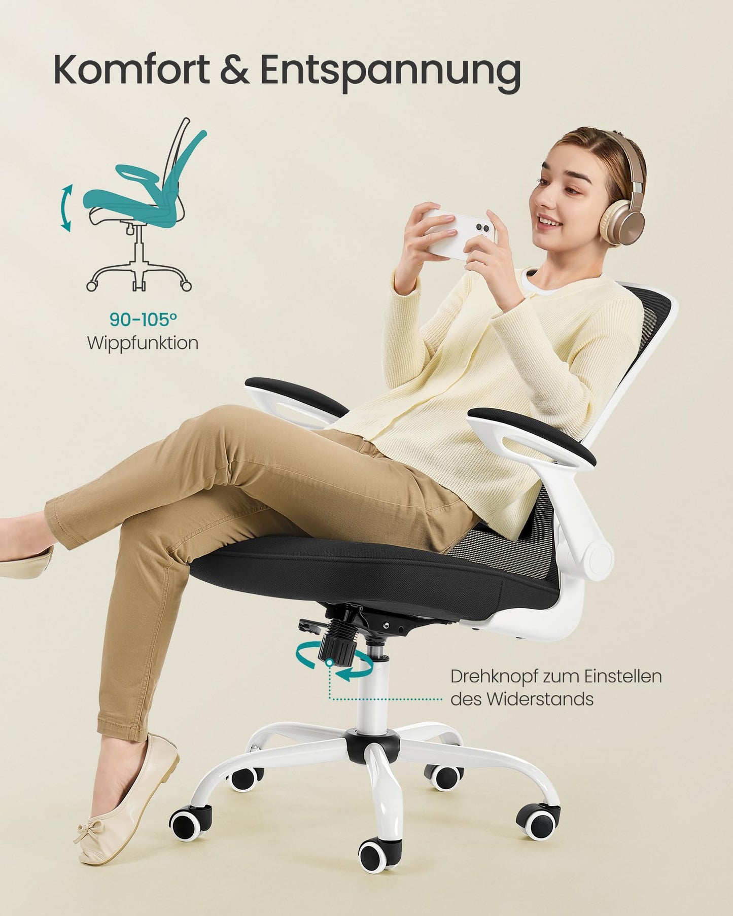SONGMICS ergonomic office chair, swivel chair with mesh, lumbar support, rocker function, 53 cm seat, folding armrests, study and bedroom, students, black and white OBN37WT