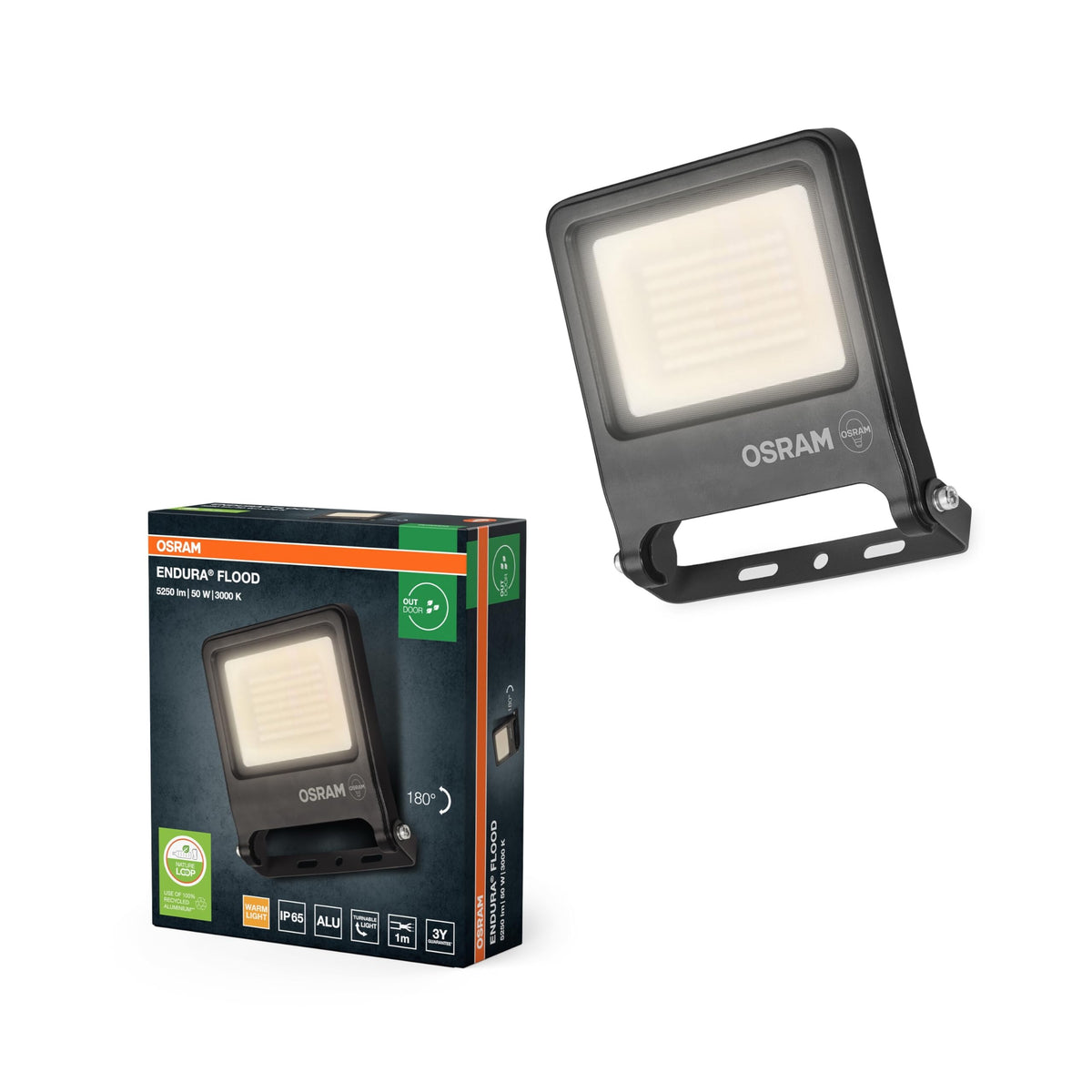 Osram ENDURA FLOOD PC 50W LED Floodlight, 3000K warm white, 5000 lumens, IP65 floodlight, sustainable aluminum, 100 lm/W efficiency, dark gray - 4099854486548
