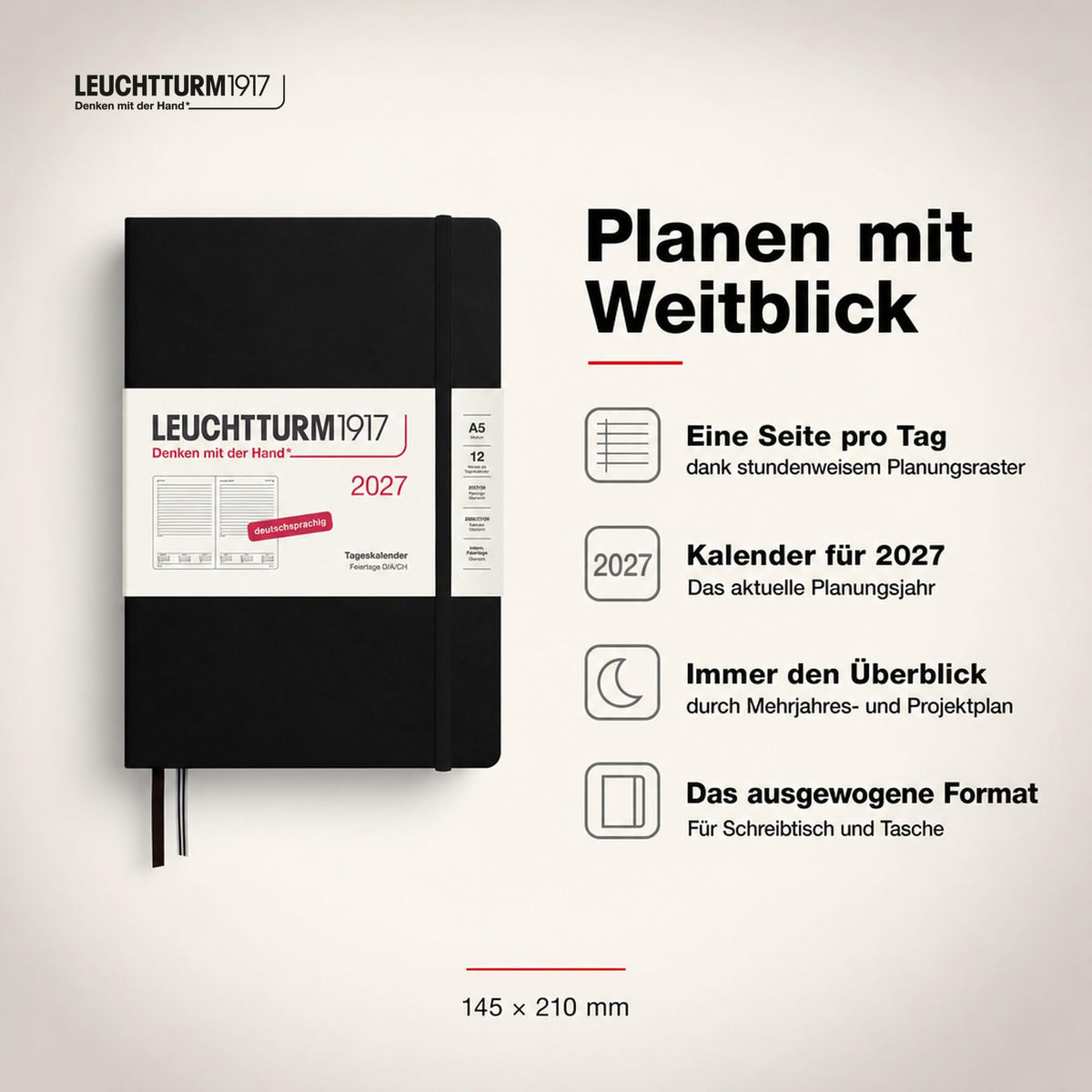 LEUCHTTURM1917 Daily Calendar 2027 Medium (A5) - German, black, 145 x 210 mm, January-December (12 months), 1 page per day, hourly grid 7:00-22:00, hardcover, 80 g/m² paper - 400157