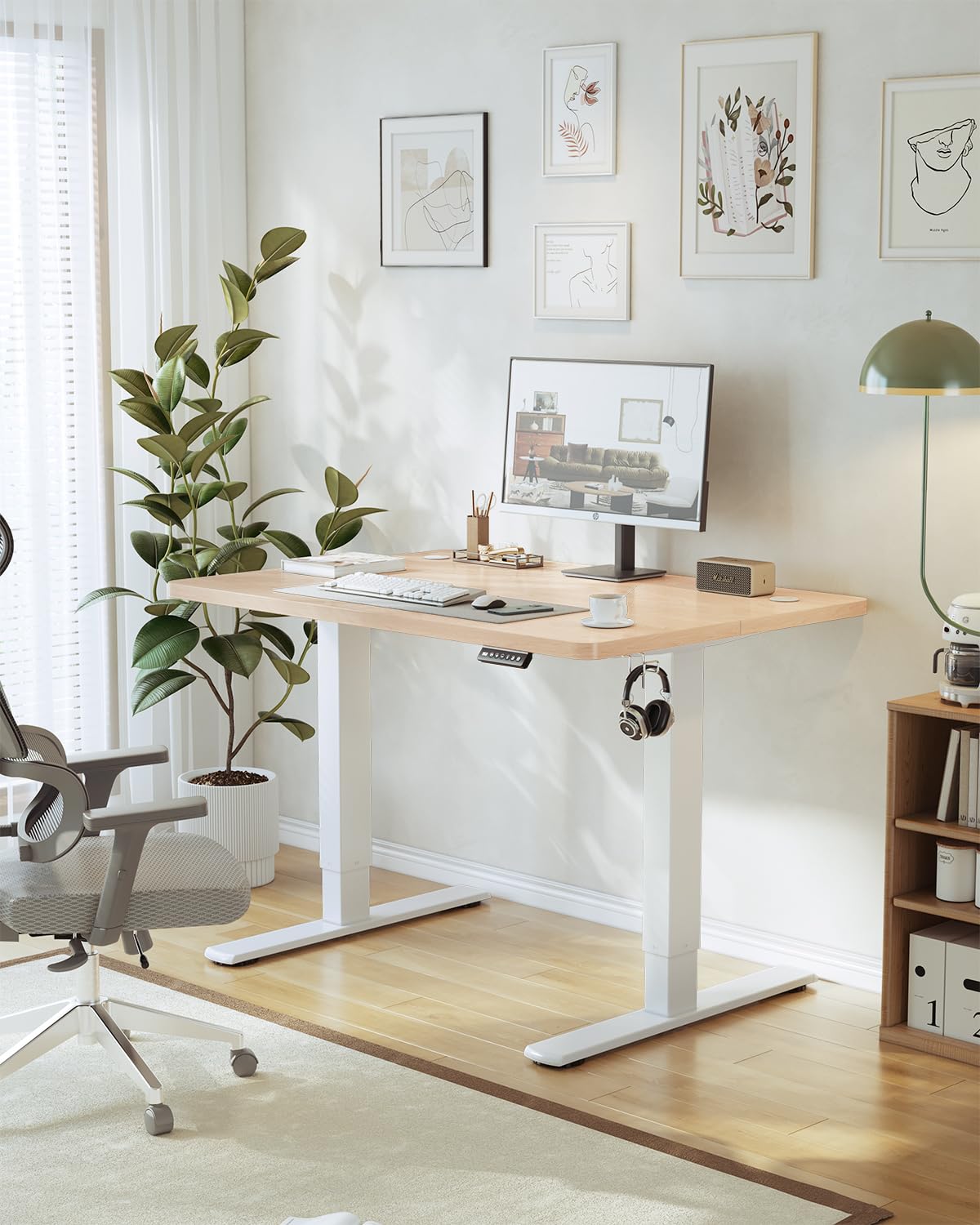 JUMMICO Birou reglabil pe înălțime cu port de încărcare USB, birou electric reglabil pe înălțime 80 x 60 cm, masă pentru șezut și stat, birou standing, masă de calculator reglabilă, birou standing, bej - 0403