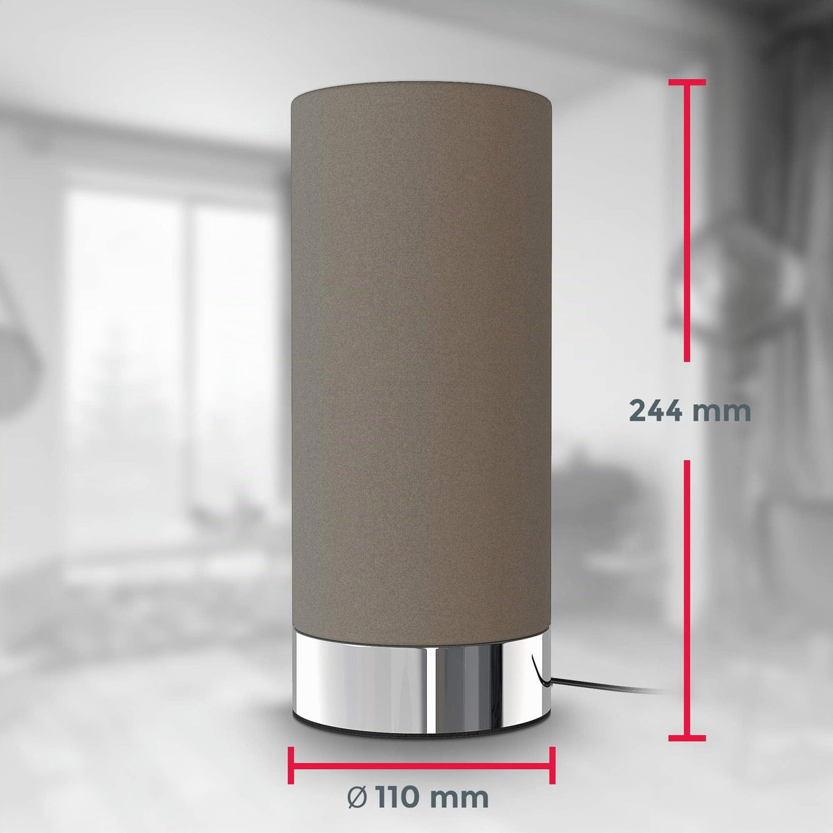 B.K.Licht - Touch Table Lamp, Dimmable, E14 Socket, Cylinder Fabric Shade, Table Lamp, Nightstand Light, Desk Lamp, Reading Lamp, Reading Light, 24.4x11 cm (DxH), Chrome-Taupe - BKL1438