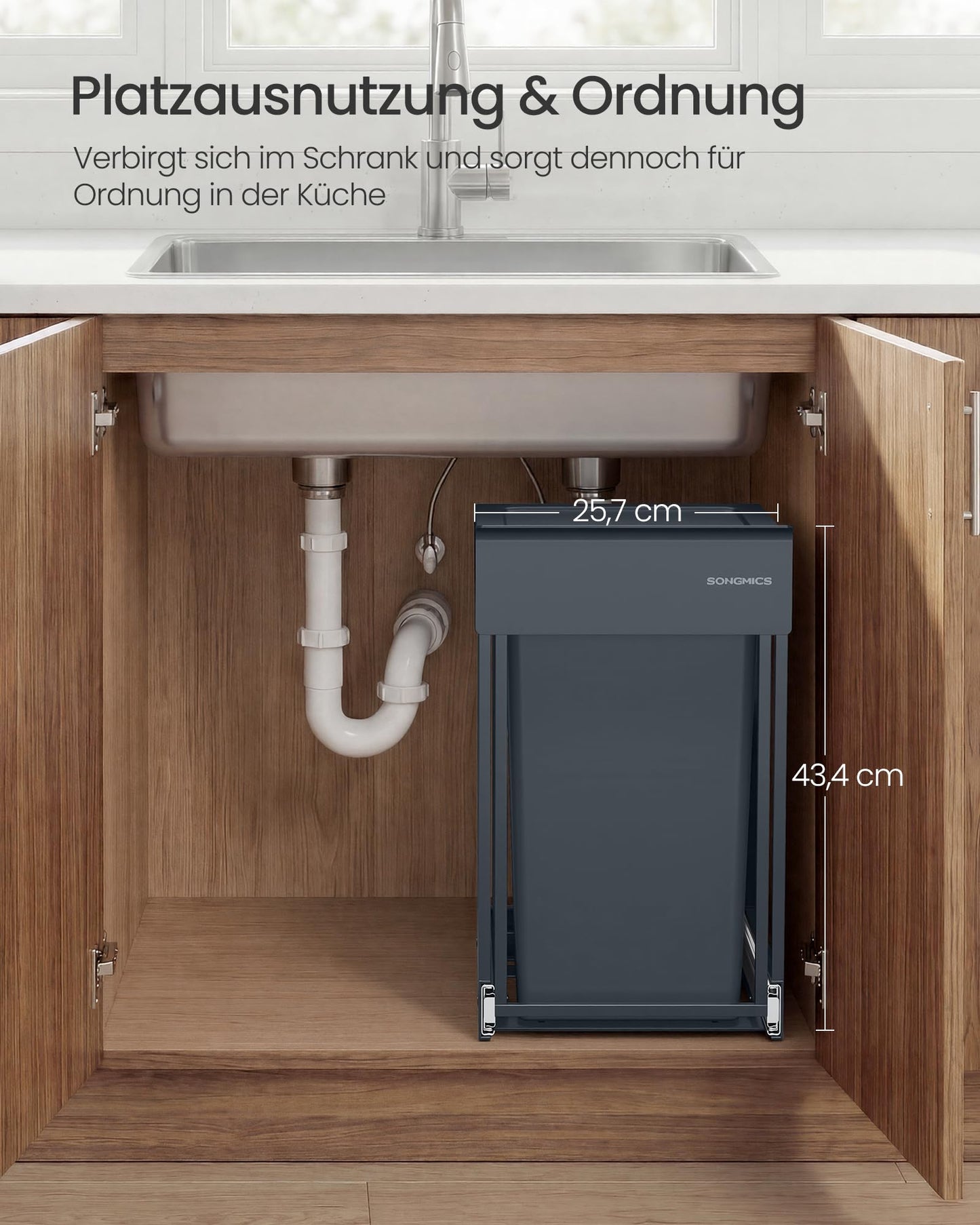 SONGMICS Kitchen trash can, for base cabinet, 1 x 20 L, extendable waste bin, steel frame, ABS lid, gray LTB920GZ01