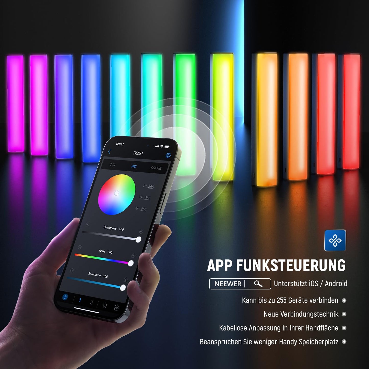 NEEWER RGB1 LED video light light stick with metal barndoor, touch bar/APP control, magnetic light stick RGB video light, 3200K-5600K CRI98+ dimmable handheld light stick with 6400mAh battery, 17 scenes