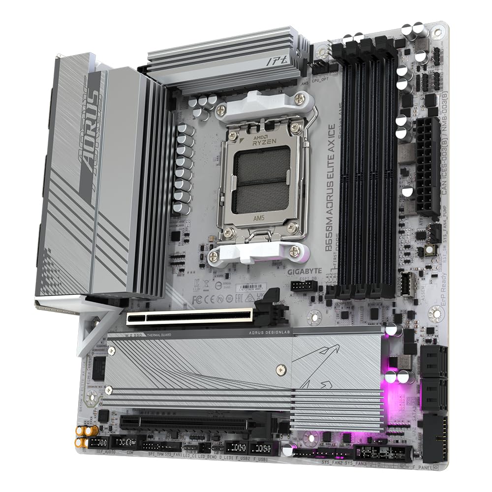 GIGABYTE B650M AORUS Elite AX Ice Mainboard - AMD Ryzen 9000 Series, 12+2+2 Phase VRM, up to 8000 MHz DDR5 (OC), 1x PCIe 5.0 + 1x PCIe 4.0 M.2, 2.5 GbE LAN, WiFi 6E, USB 3.2 Gen 2x2