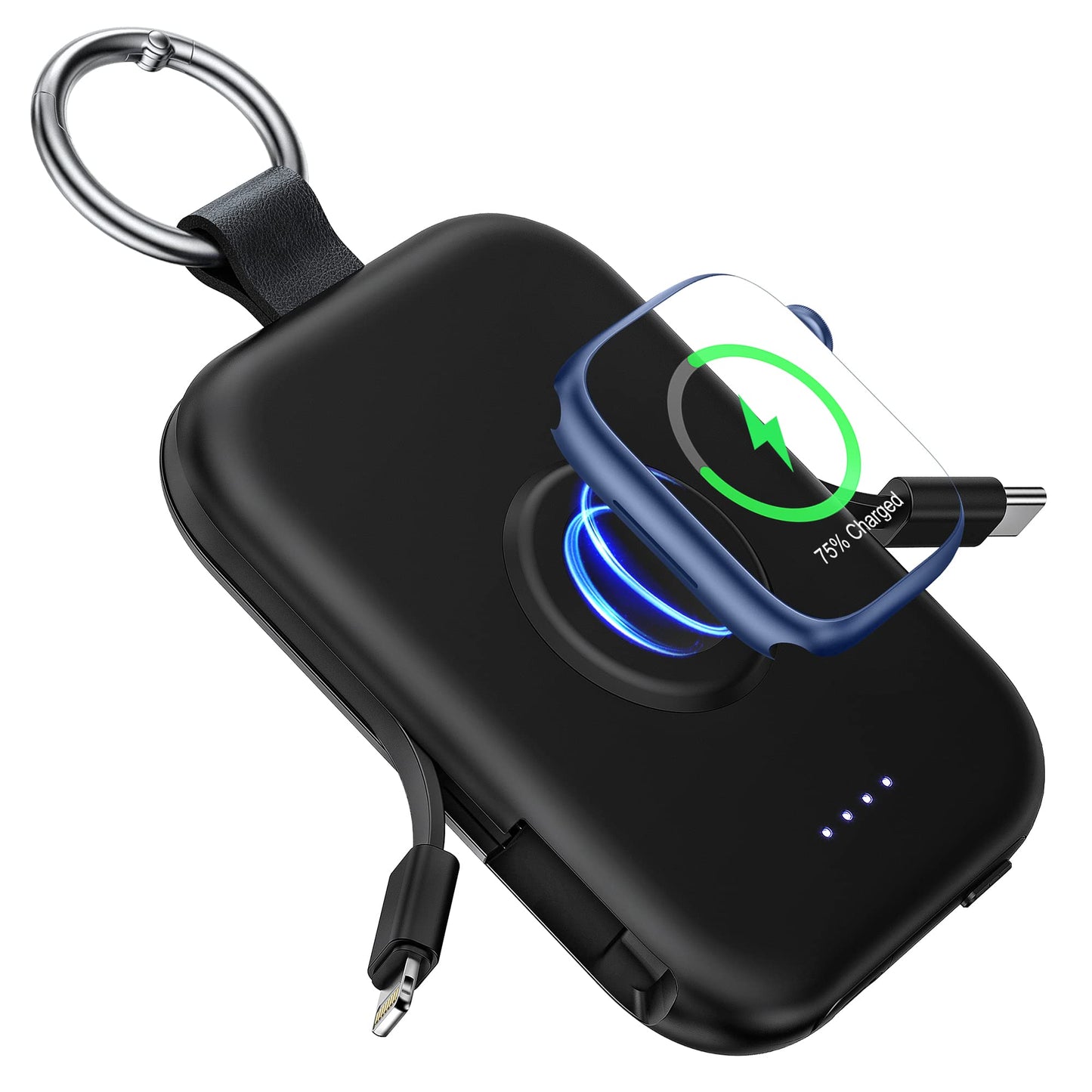 RORRY Power Bank, 5000mAh Power Bank with Integrated Cable, Travel Portable Charger Key Ring External Mobile Phone Batteries for iPhone 17/16/15/14/13/12, Apple Watch Ultra/11/10/9/8/7/6/SE, Black - D2