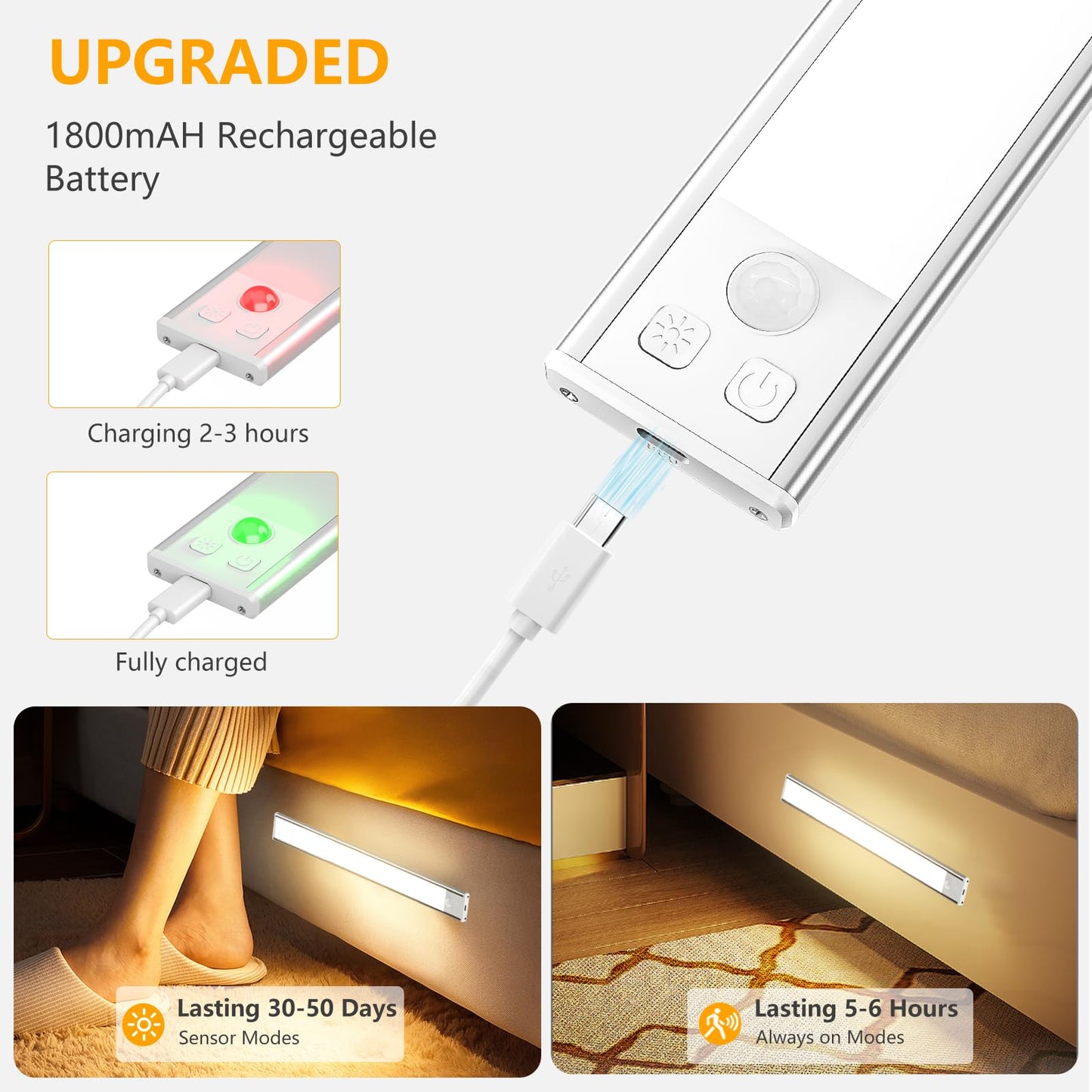 OUILA Under-Unit Light Kitchen LED 31CM Cabinet Lighting with Motion Sensor 3 Color Modes Dimmable Cabinet Light LED USB-C Rechargeable Light Strip for Kitchen Wardrobe Stairs Cupboard Pack of 2 - GLS-C016