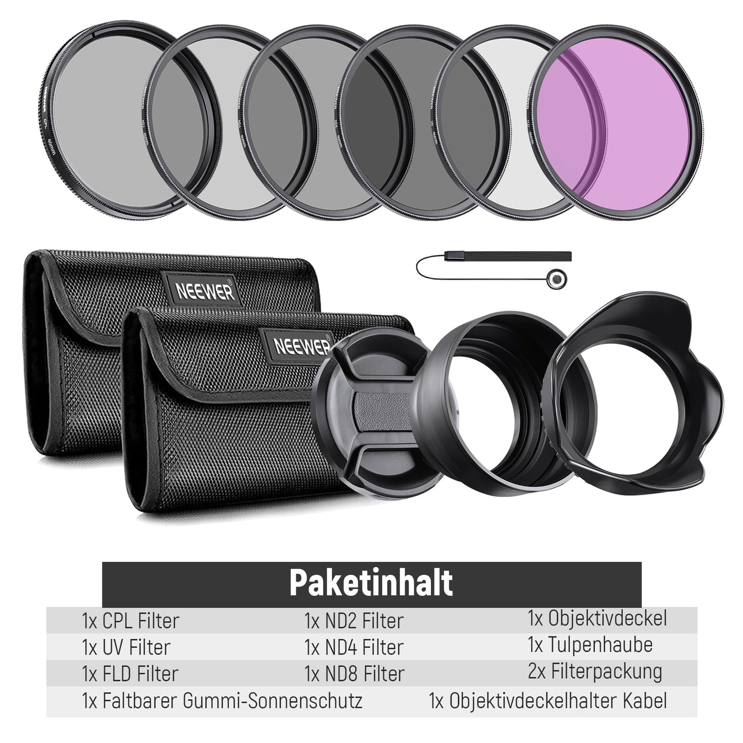 NEEWER lens filter set 46 mm UV CPL and ND filters (ND2, ND4, ND8) FLD filter, tulip-shaped aperture, collapsible rubber aperture, filter bag, seat belt and cleaning cloth - NW