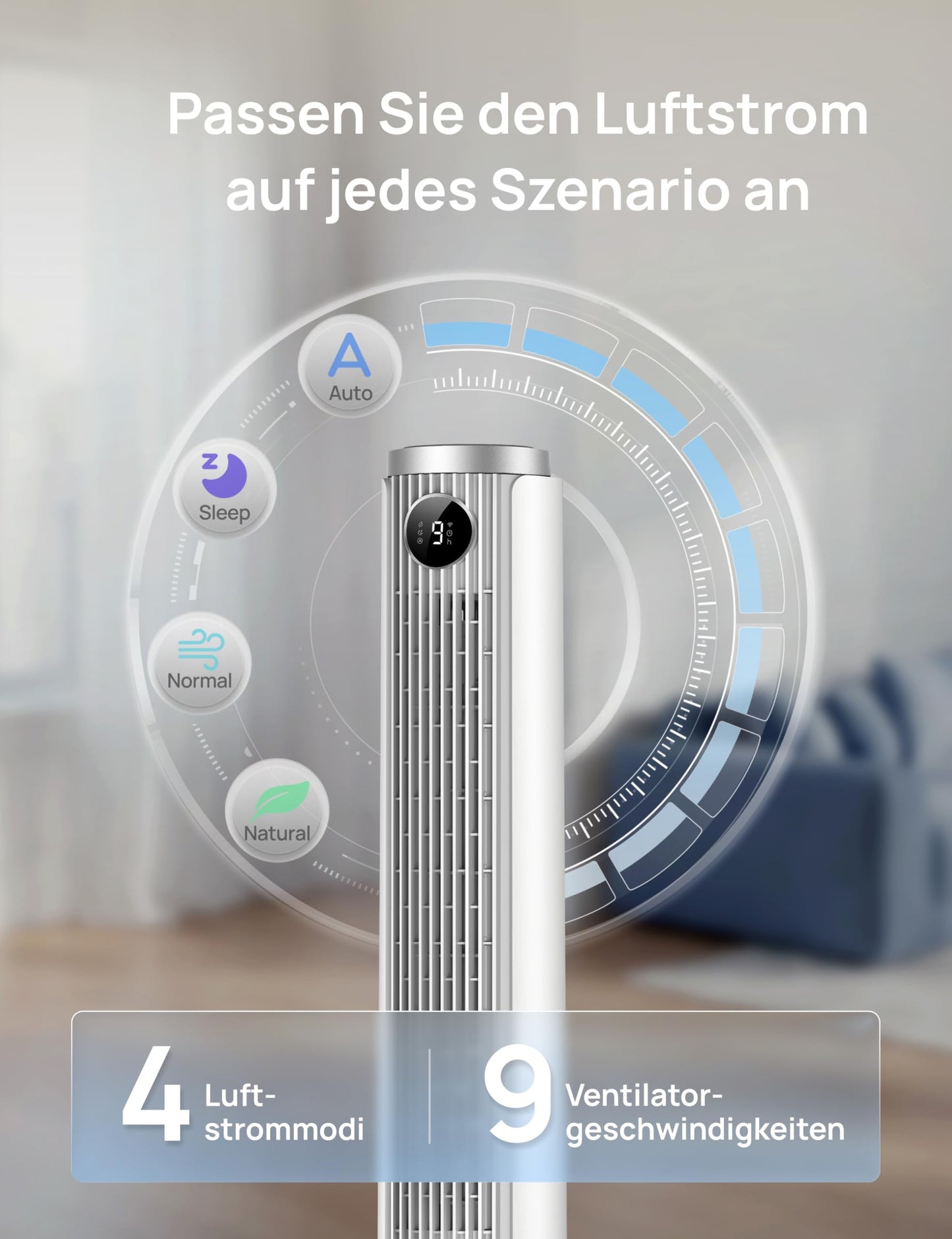 DREO Smart 102-114cm tower fan for bedroom, height adjustable, 8.4m/s, DC motor, 9 levels, 4 modes, 90° oscillation, pedestal fan, 20dB quiet, 12H timer for home and office, Google/Alexa - DR-HTF024S