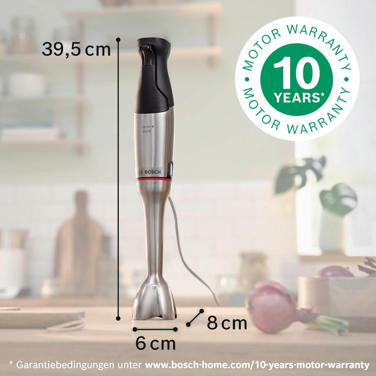 Bosch ErgoMaster Series 6 Hand Blender, with mixing cup, 4 stainless steel blades, wear-free ceramic coupling, durable, air cooling, powerful, 1200W, MSM6M810