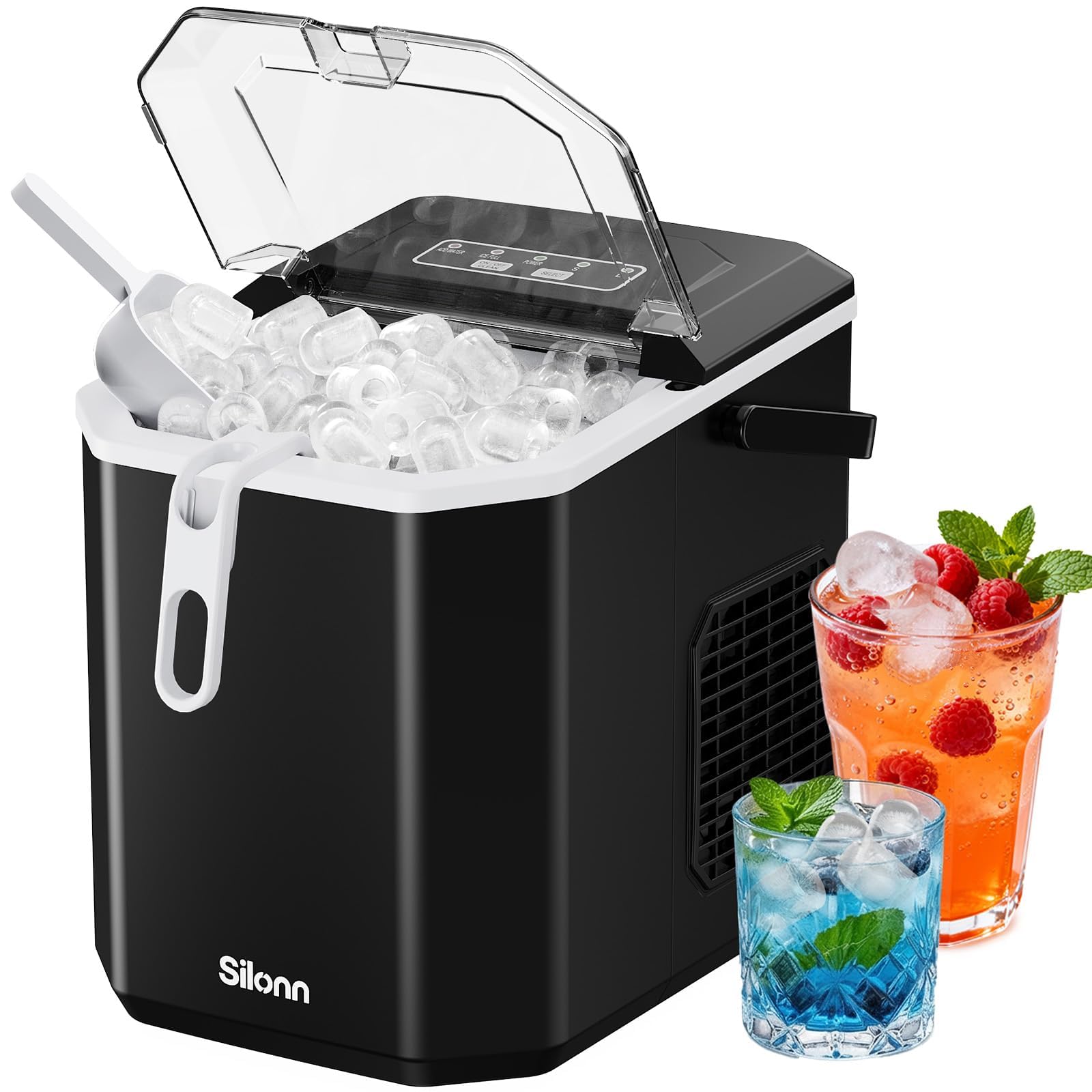 Silonn Ice Cube Machine with Handle Ice Cube Basket - Portable & Self-Cleaning, Mini Ice Maker 9 Ice Cubes/6 Min. 12 KG/Day, Simply Remove Ice Cubes and Use Anywhere - 21B3