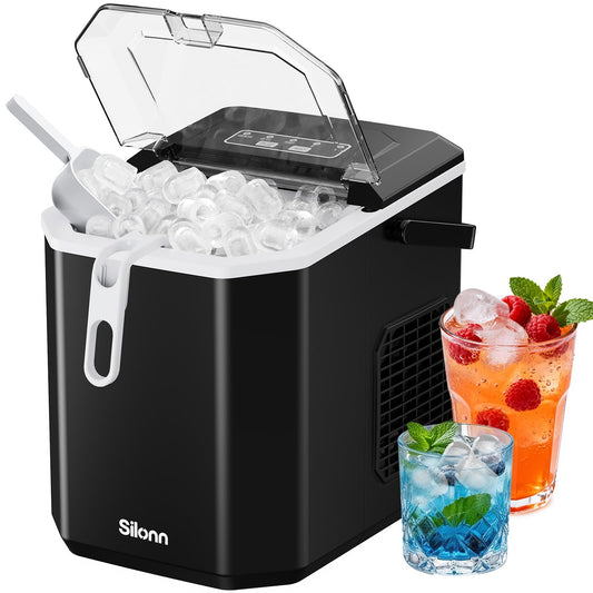 Silonn Ice Cube Machine with Handle Ice Cube Basket - Portable & Self-Cleaning, Mini Ice Maker 9 Ice Cubes/6 Min. 12 KG/Day, Simply Remove Ice Cubes and Use Anywhere - 21B3