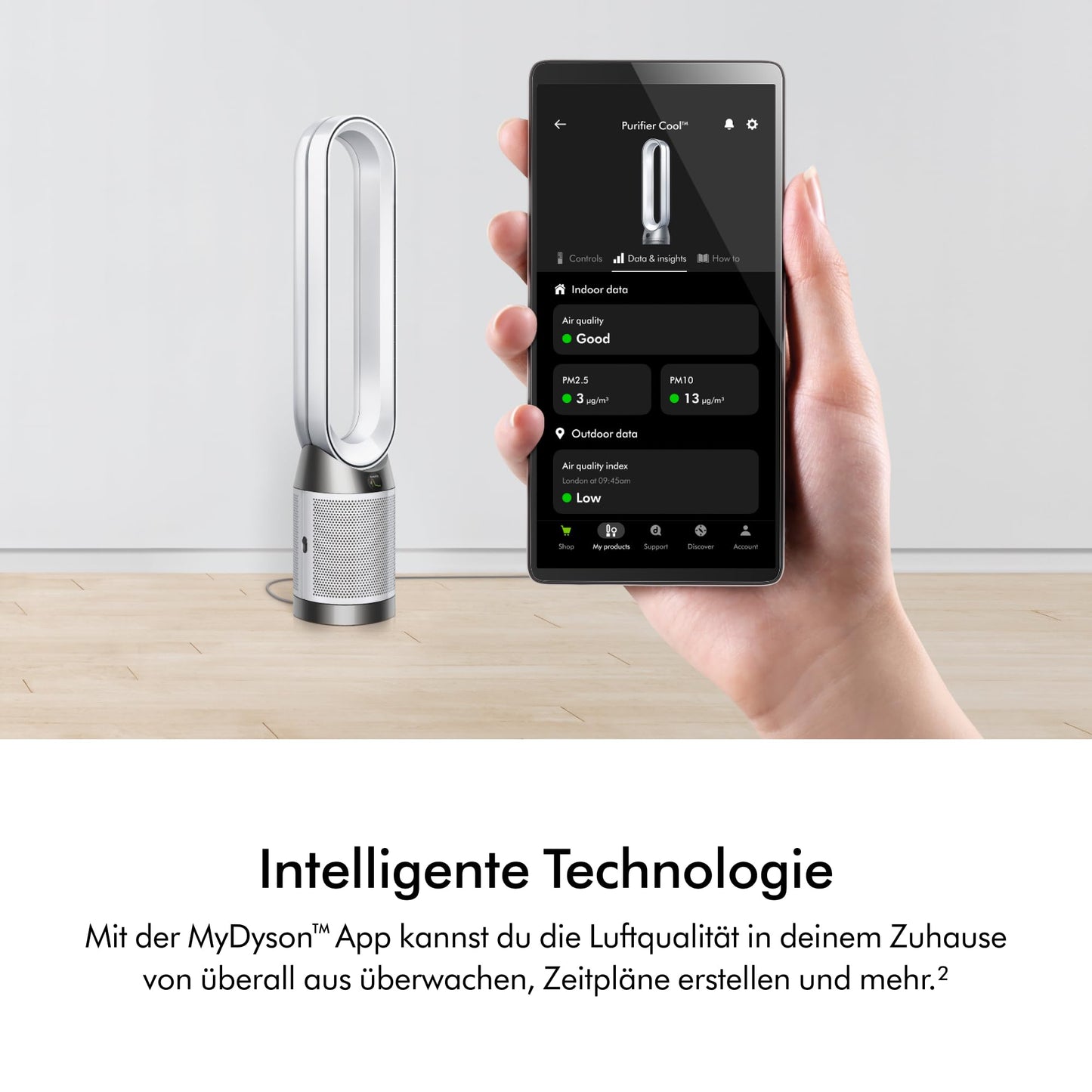 Dyson Purifier Cool™ PC1 tower fan air purifier with HEPA H13 filter - powerful cooling & air purification for rooms up to 23 sqm, control via app & remote control, 350° rotation (white) - TP11
