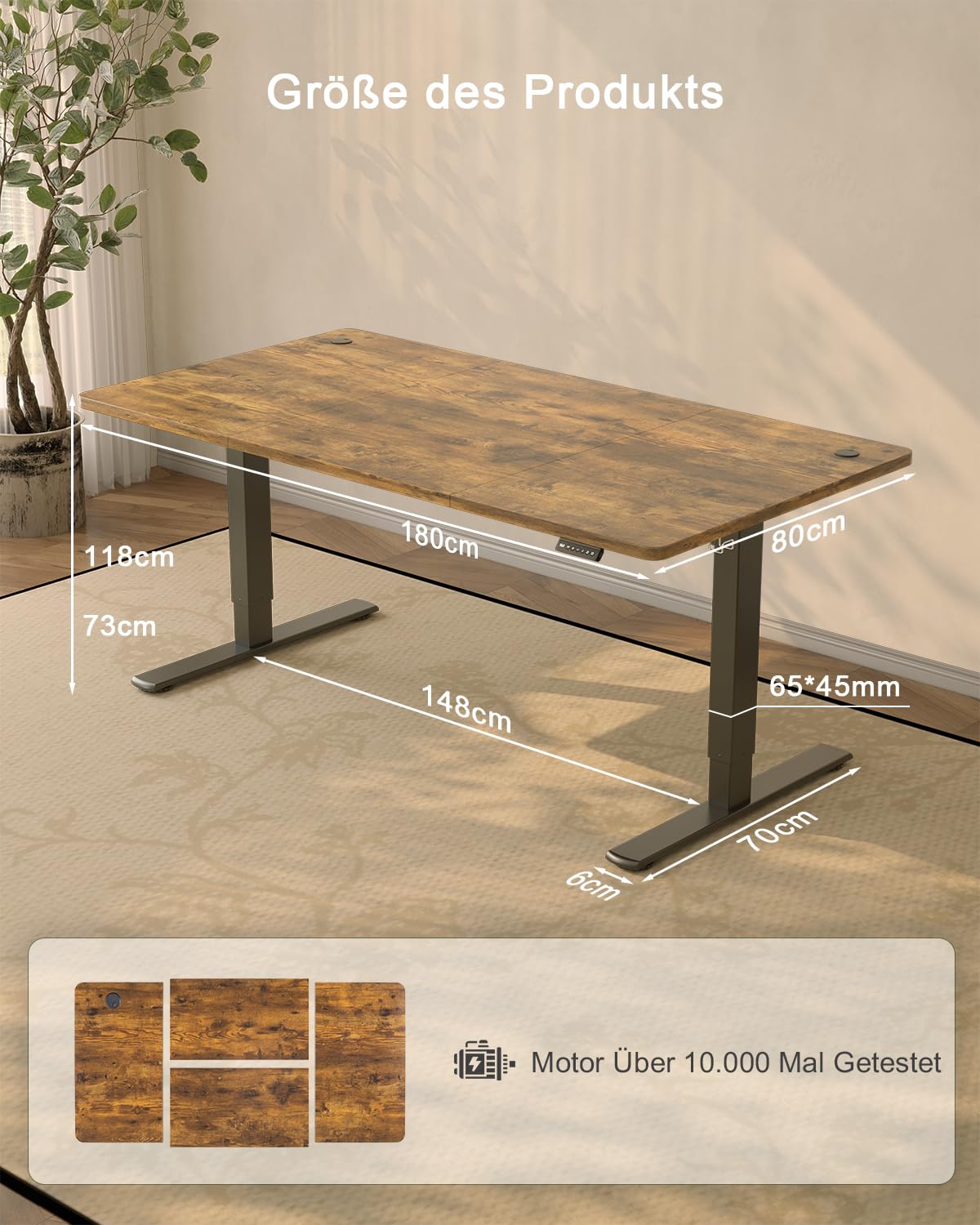 JUMMICO Height-adjustable desk with USB charging port, desk height-adjustable electric 180 x 80 cm, stand-sit table, standing desk, adjustable computer table, standing desk, brown - 0403