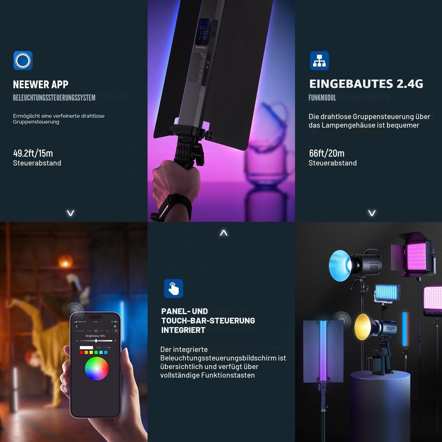 NEEWER RGB2 LED video light light stick with metal barn door handle touch bar/APP/2.4G control rechargeable magnetic RGB video light, 2500K-10000K CRI98+ dimmable photo lighting 18 scenes