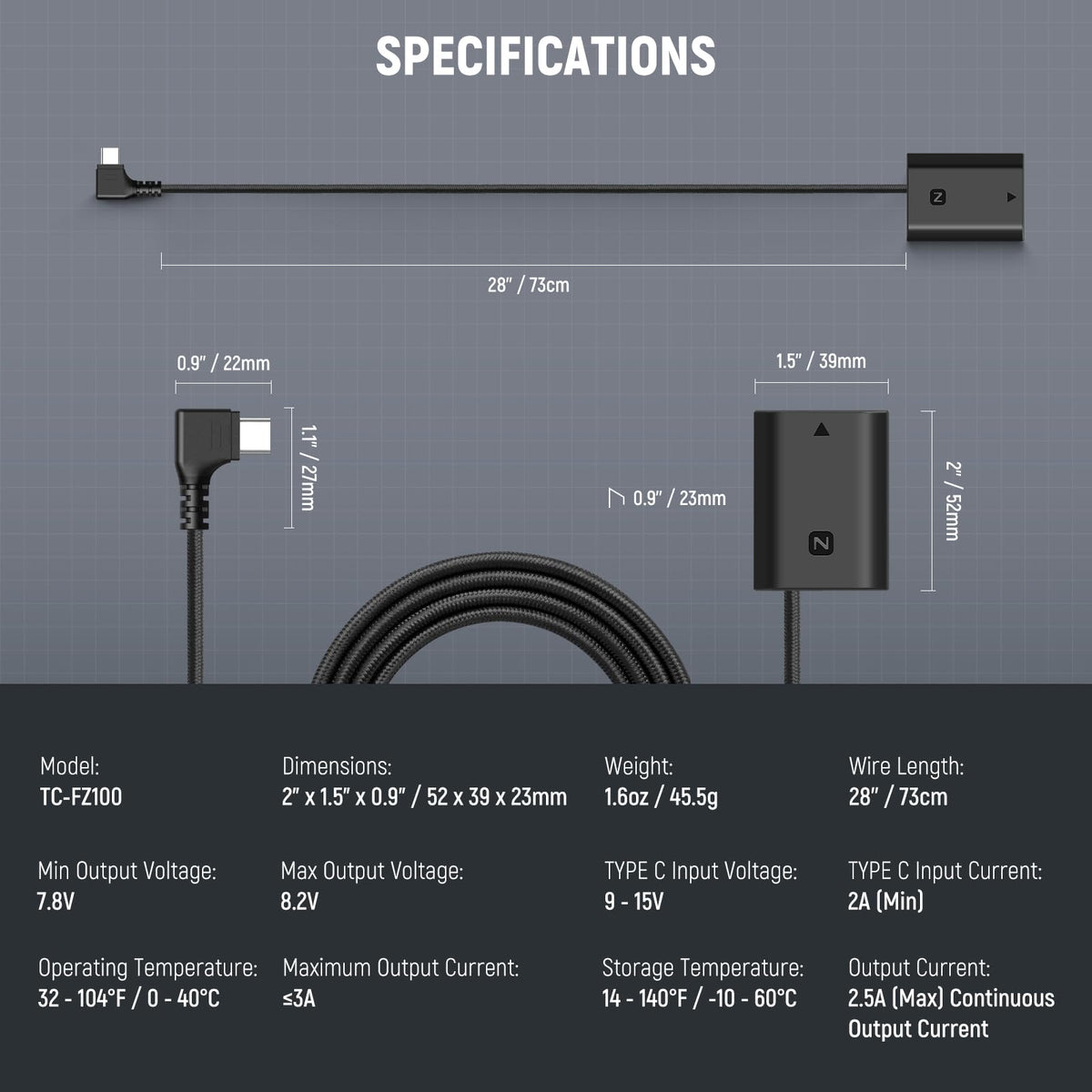 NEEWER USB C to NP-FZ100 Dummy Battery with 8.2V output compatible with Sony - TC-FZ100