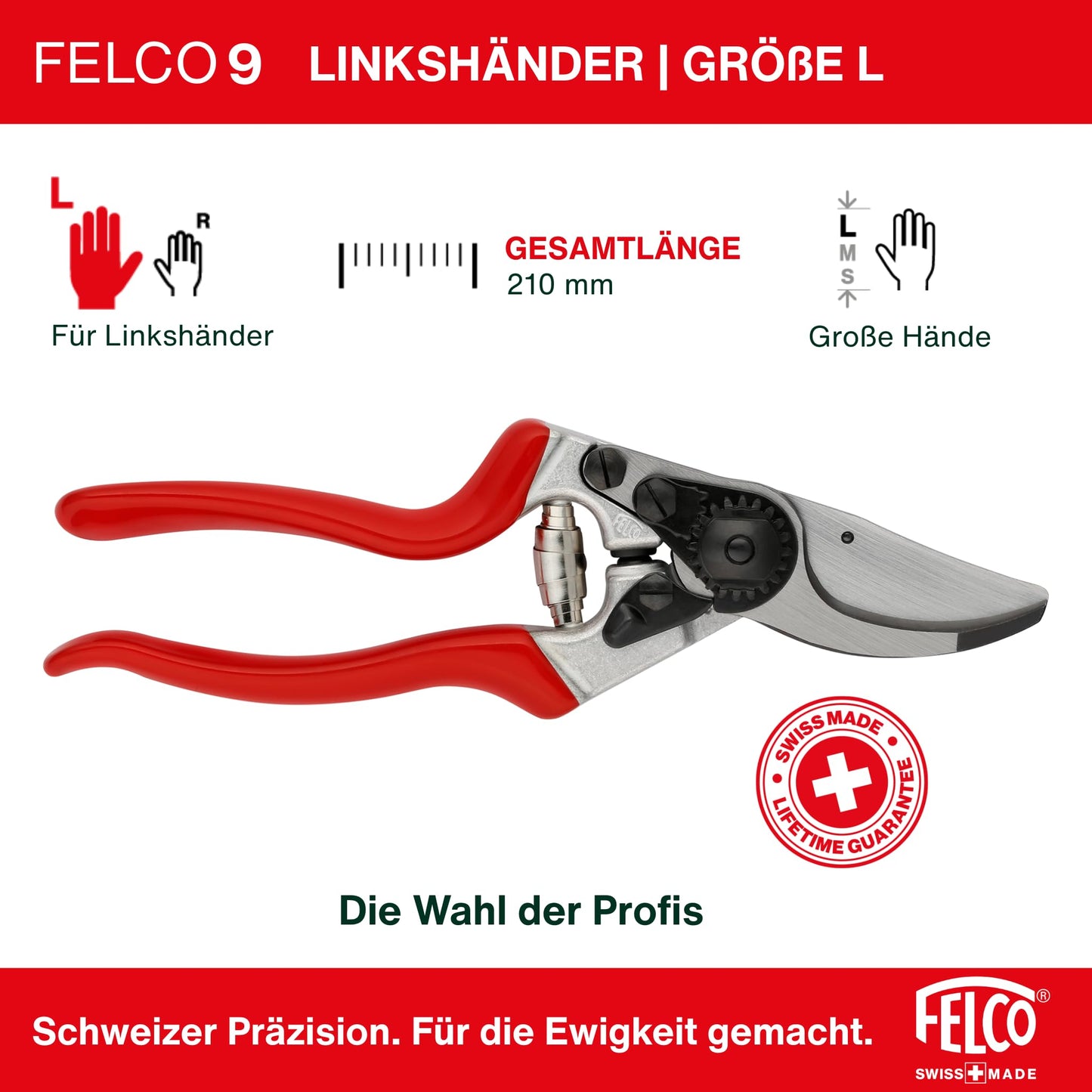 FELCO 9 left-handed bypass secateurs, ergonomic for large hands, 52mm steel blade, 25mm cutting diameter, shock absorber, forged aluminum handles, angled cutting head, Swiss Made - F-9