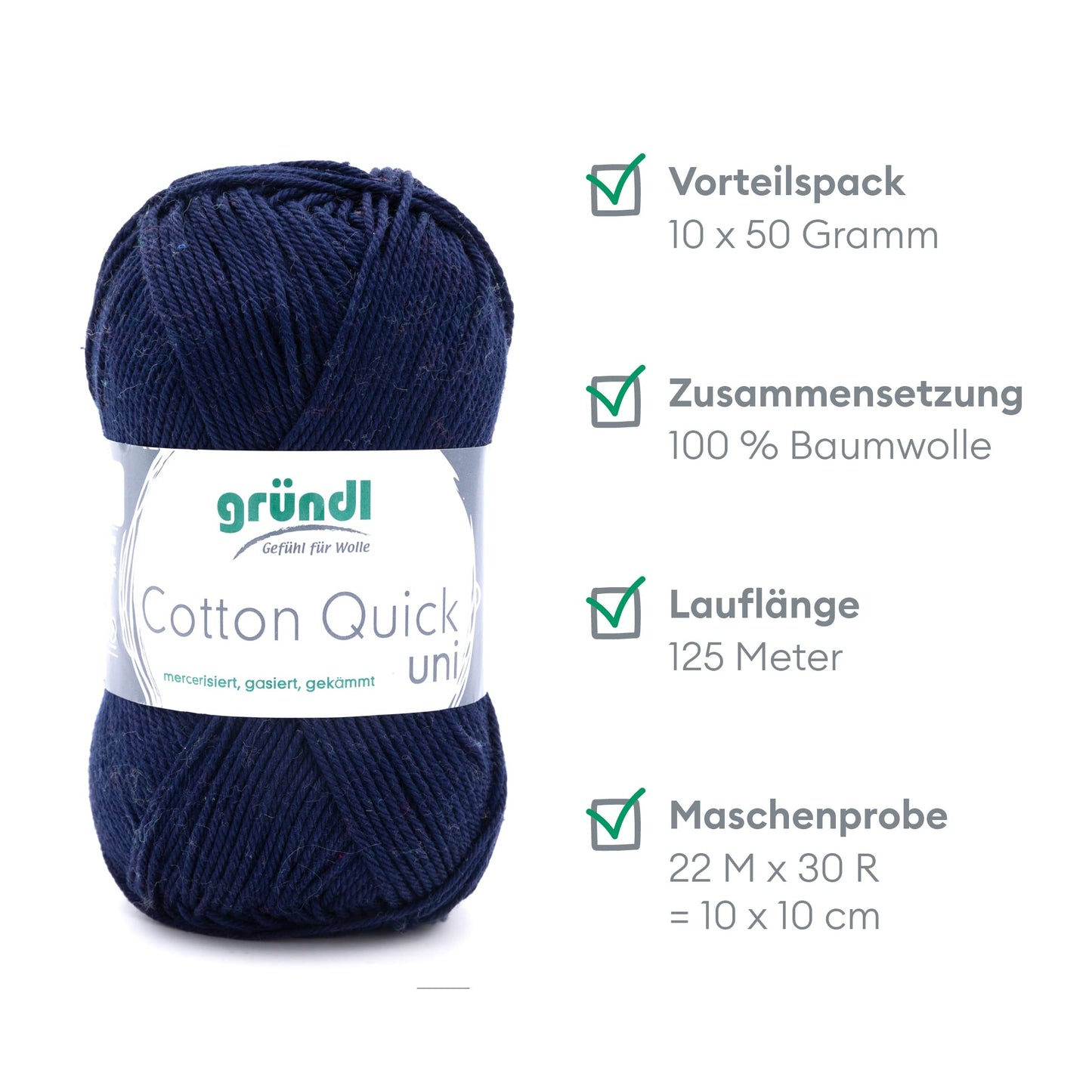 Gründl Wolle Cotton Quick uni - thin wool for crocheting - knitting yarn - crochet yarn - shiny and skin-friendly - 100% cotton - 10 balls 50 g / 125 m - needle size 3-4 - dark blue - 865-145