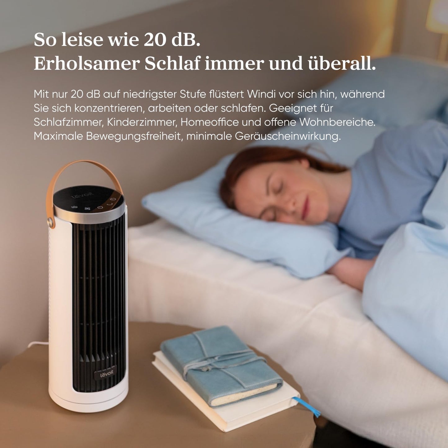 Levoit compact tower fan DC motor - quiet from 20dB fan - 7m/s cooling - table fan 5 levels/90° oscillation/12 hour timer/remote control - space saving, small rooms - moon white, 33 cm - LTF-F132-WEU