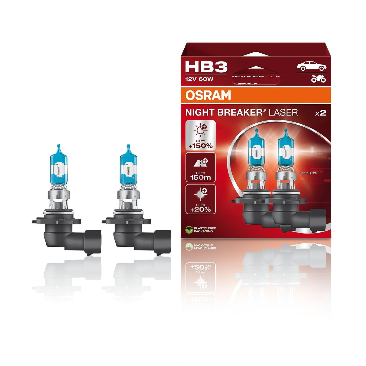 Osram NIGHT BREAKER LASER HB3, +150% more brightness, halogen headlight lamp, 9005NL-2HB, 12V car, hanging box (2 lamps)