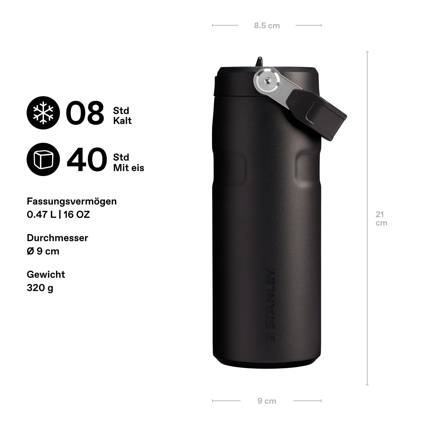 Stanley 1913 Flip Straw drinking bottle with straw 0.47L - thermal mug cools for 8 hours - ice-cold for 40 hours - BPA-free - leak-proof - for cup holders - dishwasher safe - Black 2.0 - 100000112689