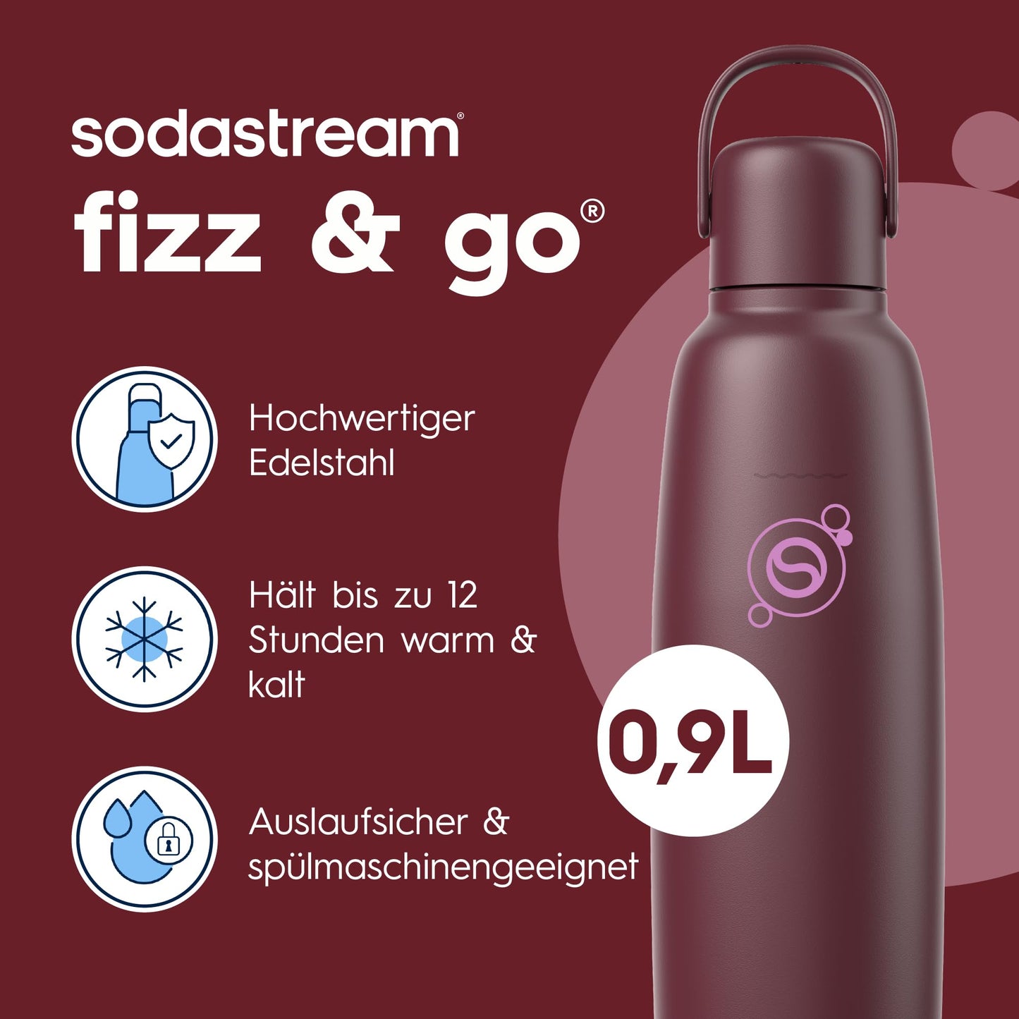 Sodastream fizz & go stainless steel bottle 0.9L, thermos bottle, Pomegranate Red - 7290119793587
