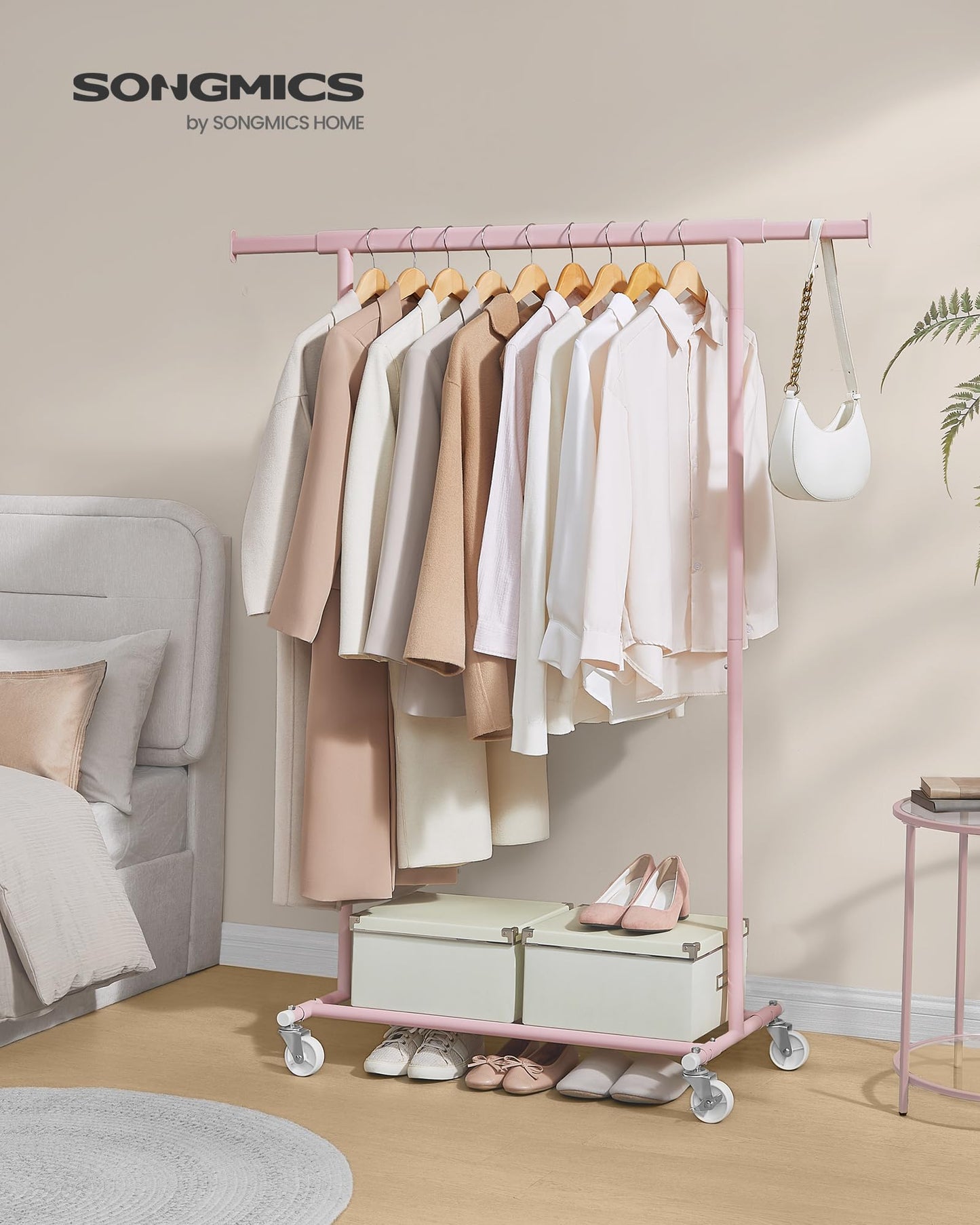 SONGMICS Clothes Rack on Wheels, Heavy Duty Coat Rack, Extendable Clothes Rail, Holds up to 100kg, Easy Assembly, Portable, Pastel Pink HSR013R01 - UHSR013G01