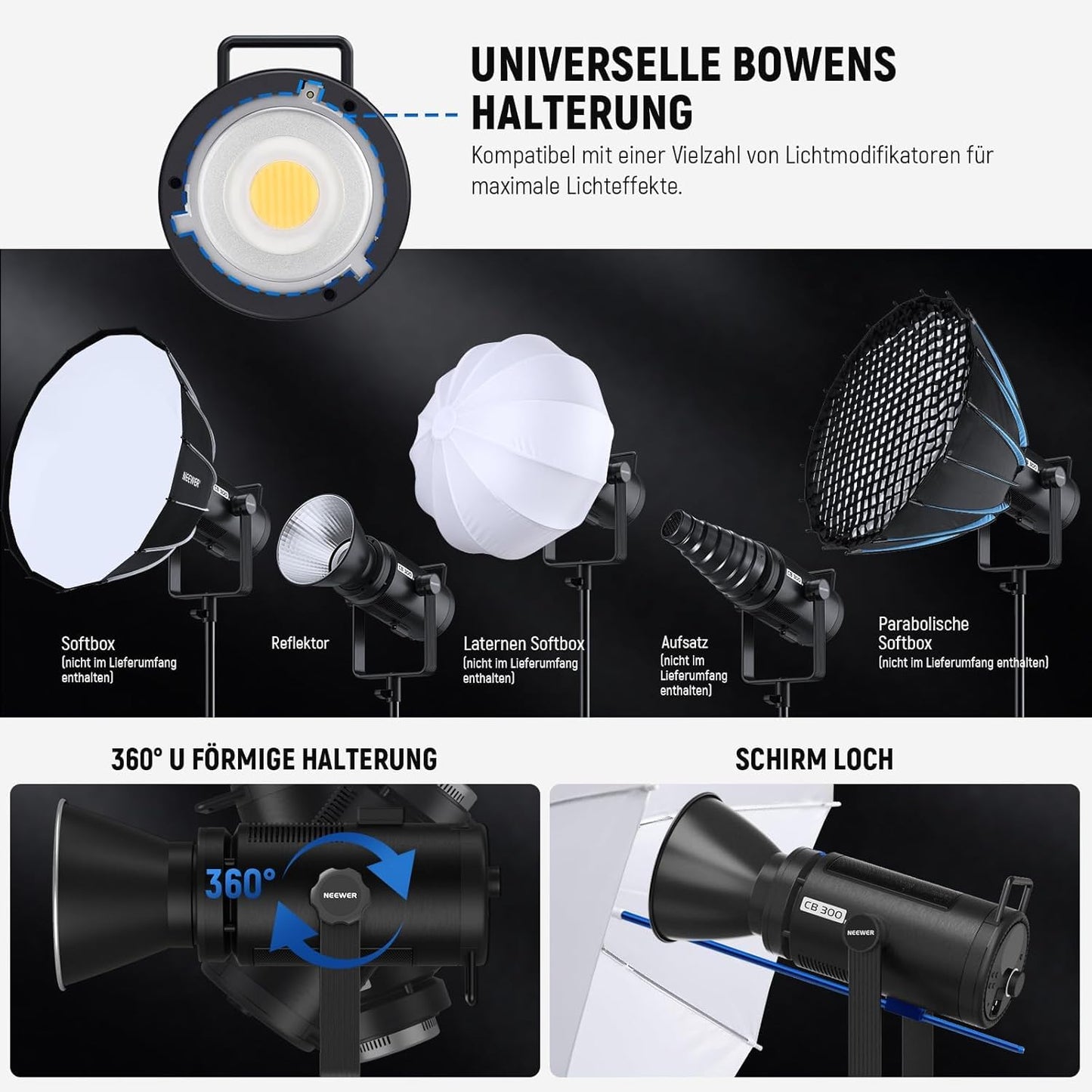 NEEWER CB300B 320W LED video light studio light with 2.4G/APP remote control, all-metal COB bi-color studio continuous light Bowens mount 150000lux/1m 2700K-6500K CRI/TLCI97+ 12 effects for portrait