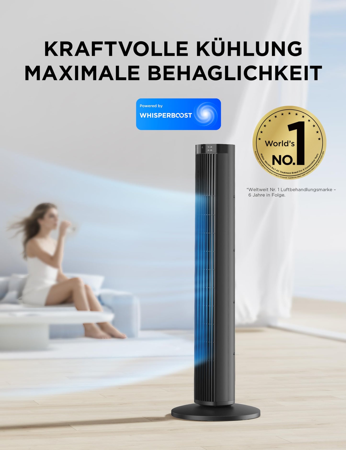 Midea tower fan with remote control FZ10-26MR(BL), 97 cm, 33 dB quiet, 90° oscillation, 15H timer, LED display, 4 speeds & 4 modes, for bedroom & office, black