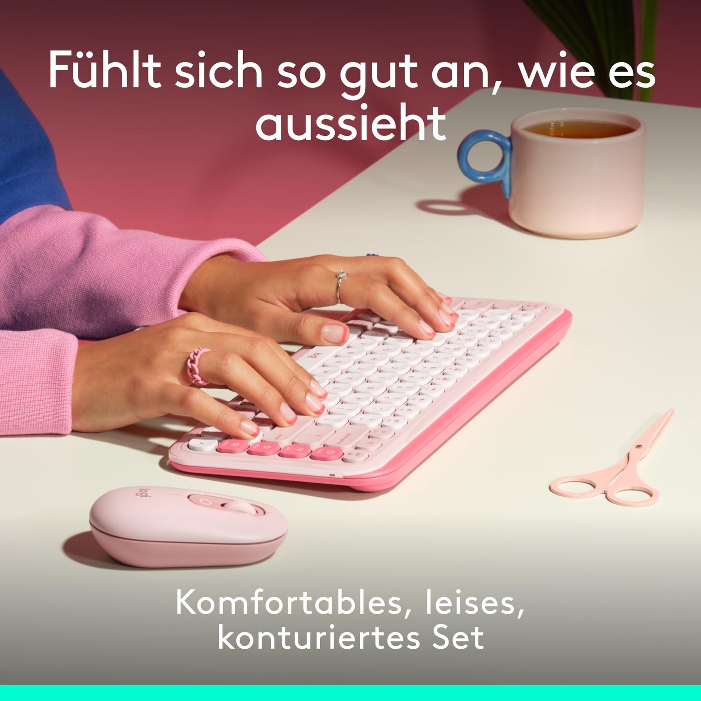 Logitech POP ICON Combo, Bluetooth Keyboard Mouse Set, Comfortable Typing, Programmable Buttons, Quiet Clicks, Easy Switch for up to 3 Devices - Pink - 920-013108