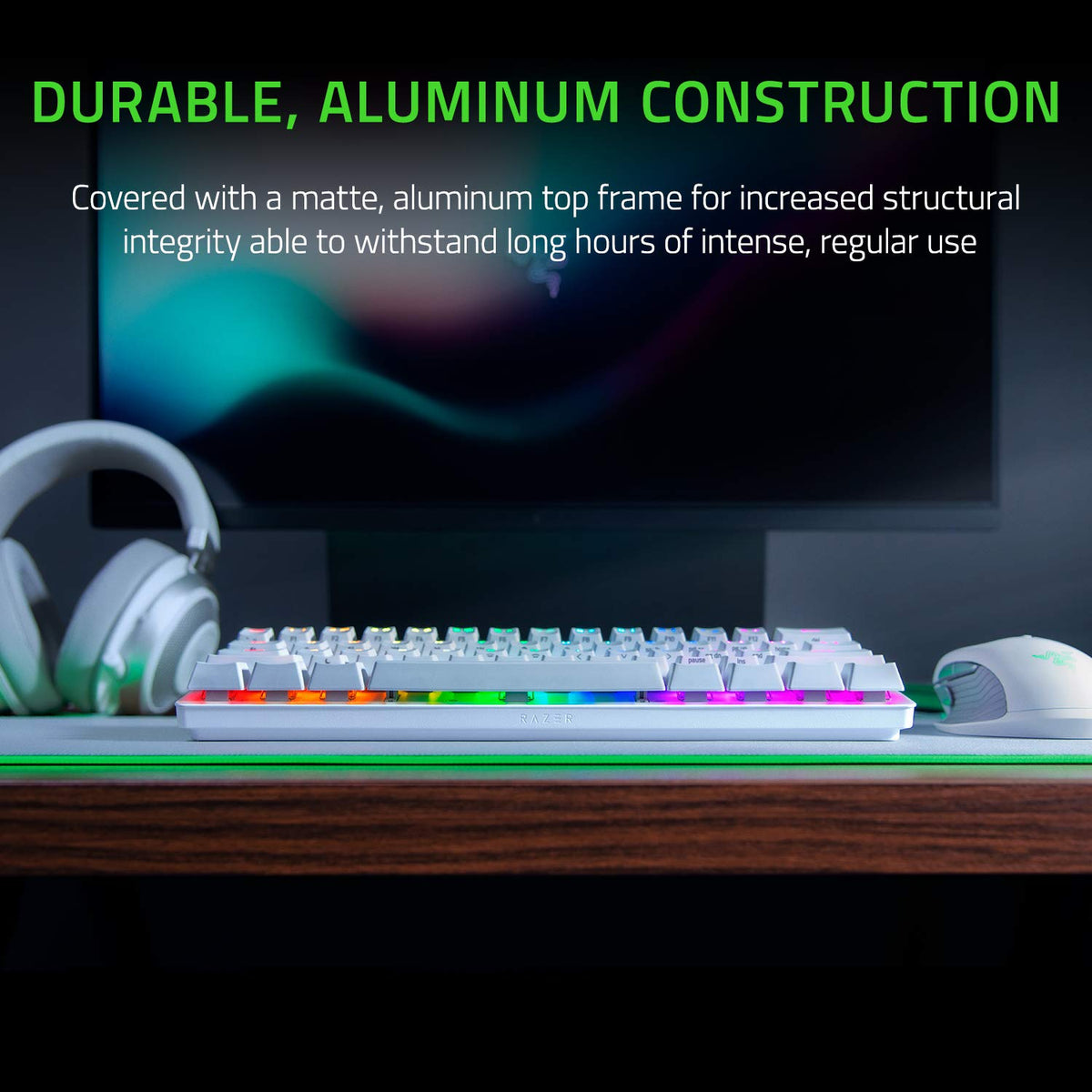 Razer Huntsman Mini (Red Switch) - Tastatur de gaming compactă 60% (Switch-uri optice liniare, capace de taste Doubleshot PBT, cablu USB-C detașabil) Layout QWERTY US | Alb Mercury - RZ03-03390400-R3M1