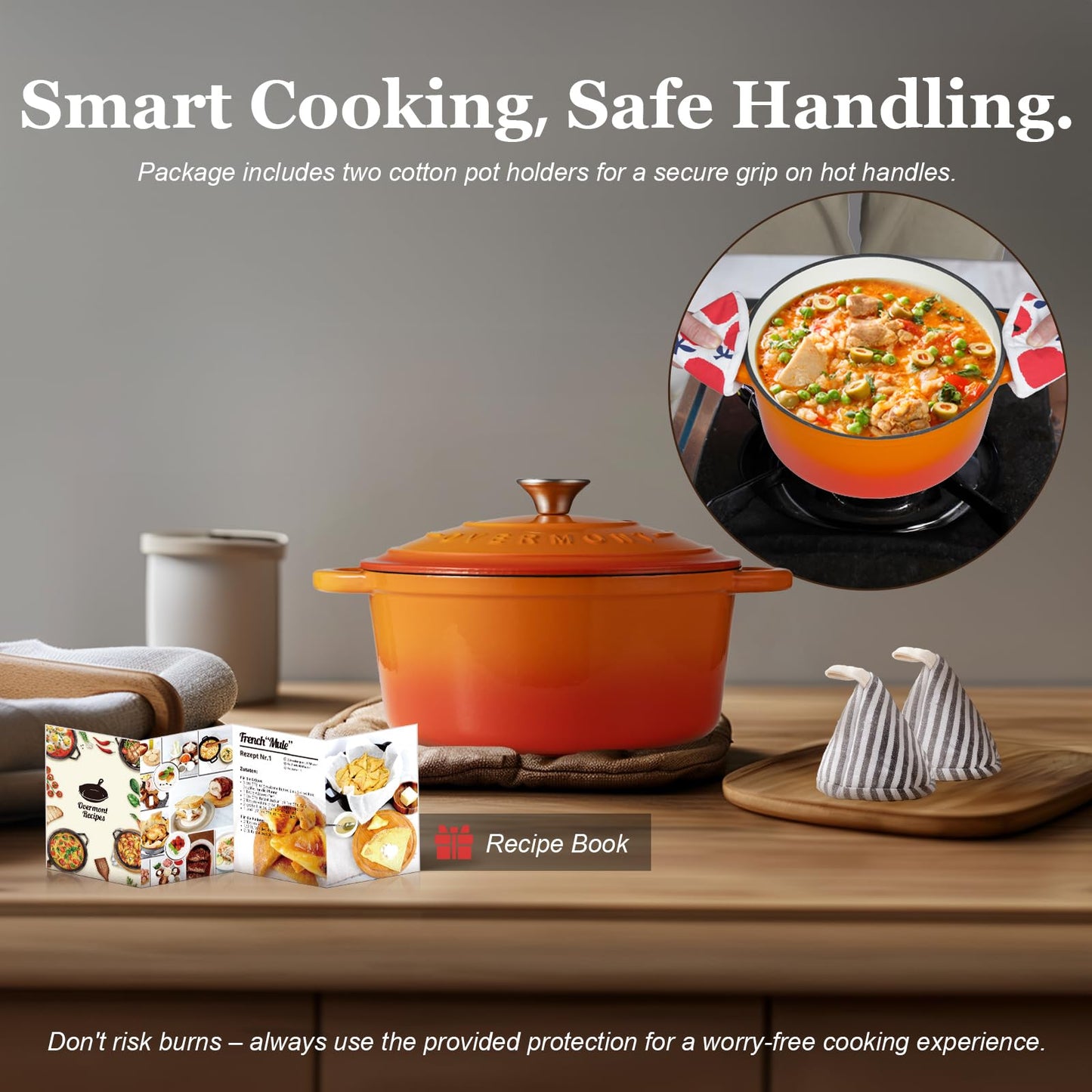 Overmont roasting pan enamel cast iron pot - casserole 28cm oven-safe - with lid and cookbook - for kitchen baking stewing roasting orange - Enamelled
