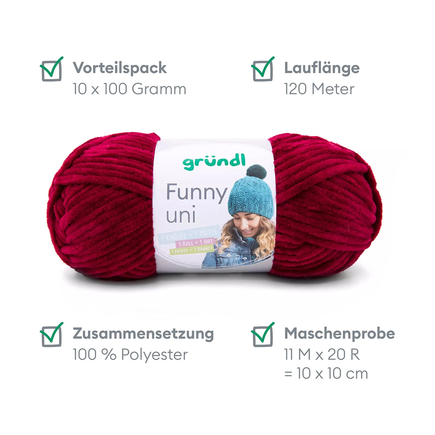 Gründl Wolle Funny uni - soft chenille wool for crocheting - cuddly and skin-friendly - 100% polyester - 10 balls 100 g / 120 m - needle size 5-6, Bordeaux - 3442-23