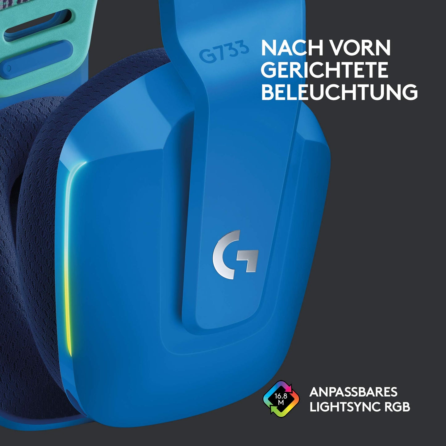 Logitech G733 LIGHTSPEED wireless gaming headset with headband, LIGHTSYNC RGB, Blue VO!CE microphone technology, PRO G speakers, ultralight, 29-hour battery life, 20m range - Blue - 981-000943