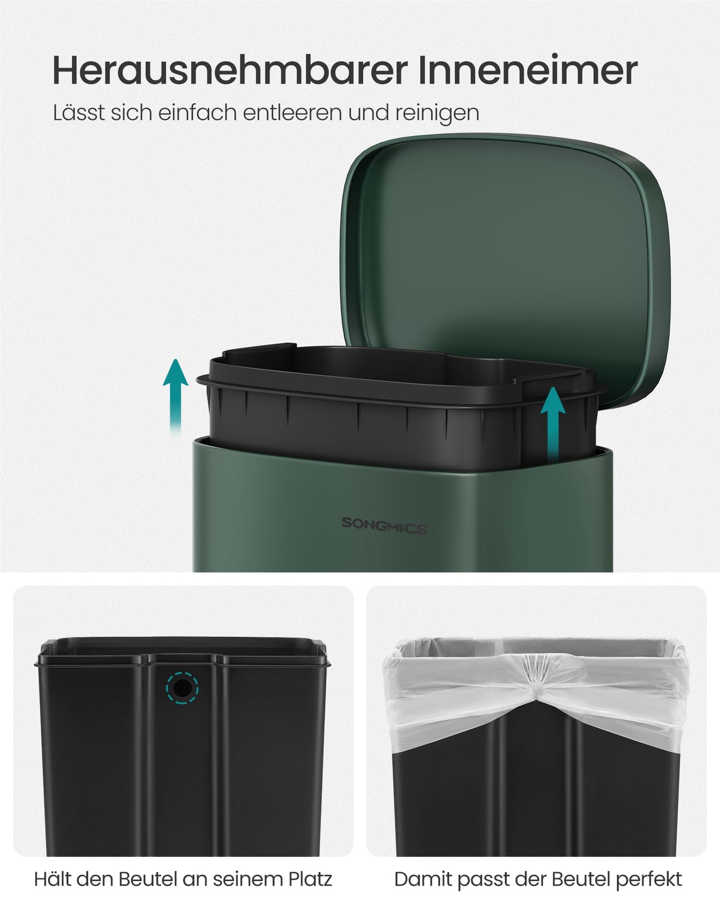 SONGMICS kitchen rubbish bin, 30 liters, waste bin, pedal bin, with lid, soft close, foot pedal, steel, inner bin, vintage green LTB003C02