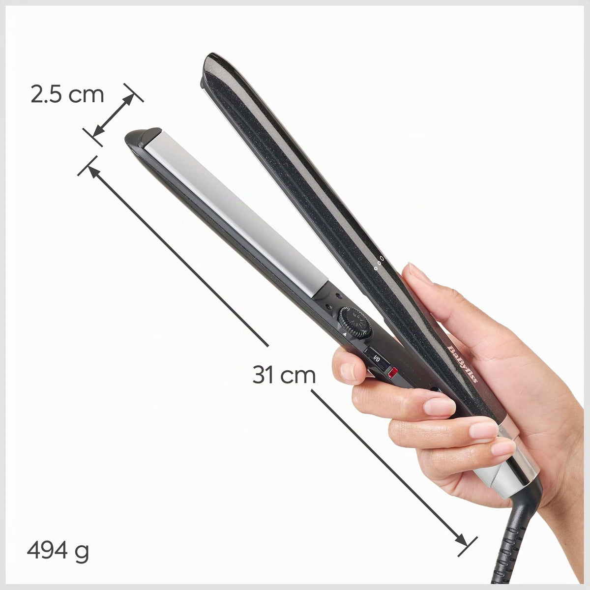 BaByliss Midnight Shine Hair Straightener, hair straightener with titanium-ceramic plates, extra long styling plates, 13 temperature settings (170–235°C), quick heat-up, anti-frizz shine finish, ST590E