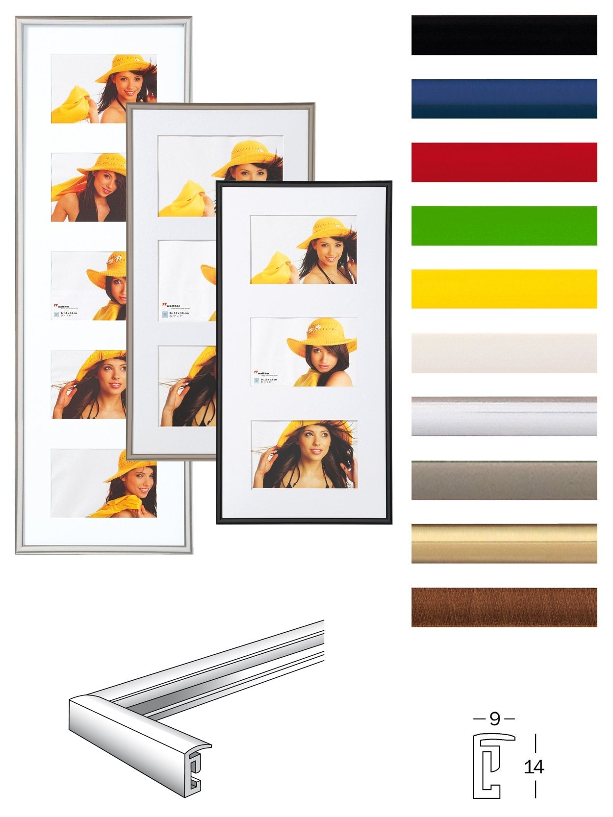 walther design picture frame steel 5X 10x15 cm gallery with passe-partout, New Lifestyle plastic frame KV515D