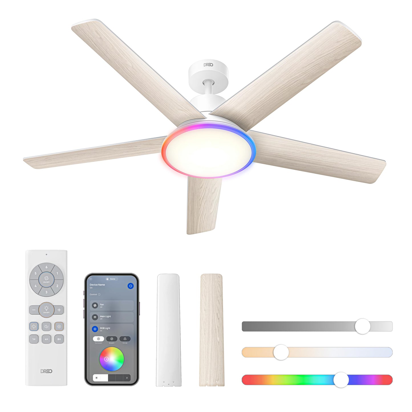 DREO Smart Ceiling Fan with Light, 52" 12 Speeds, 3 Modes, Continuously Dimmable LED Lighting, Quiet DC Motor, 12H Timer, Remote Control/APP/Alexa, Indoor, White - DR-HCF001AS