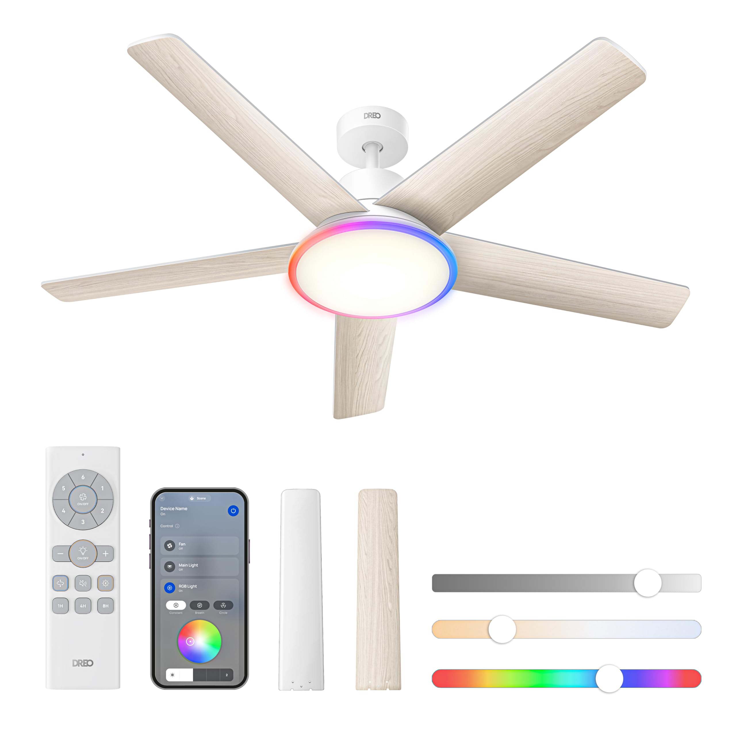Ventilator de tavan inteligent DREO cu lumină, 52", 12 viteze, 3 moduri, iluminare LED reglabilă continuu, motor DC silențios, temporizator 12H, telecomandă/aplicație/Alexa, de interior, alb - DR-HCF001AS