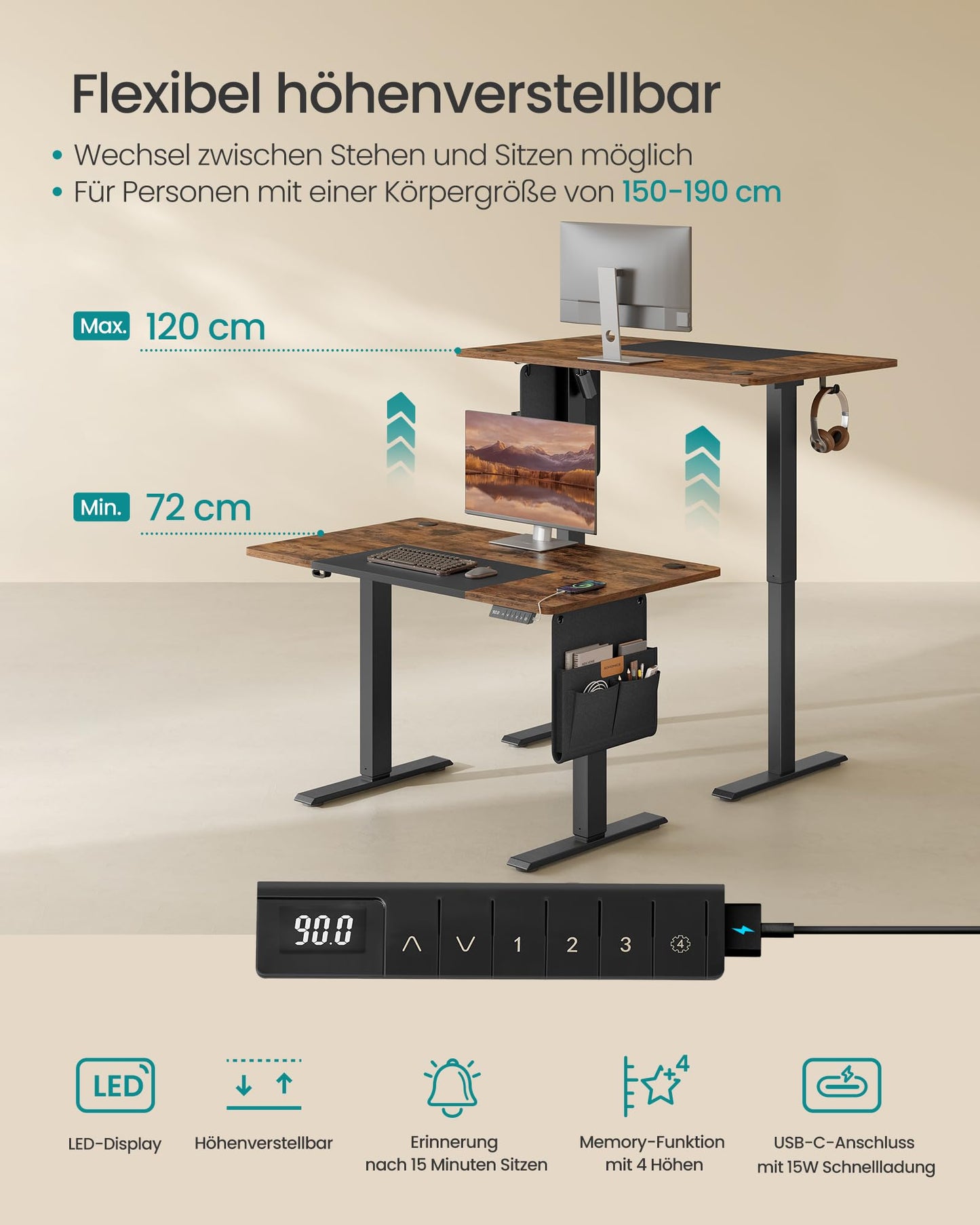 SONGMICS Electric height-adjustable desk, 120 x 60 cm, infinitely adjustable, memory function with 4 heights, vintage brown-ink black LSD015X01 - VA-LSD015X01