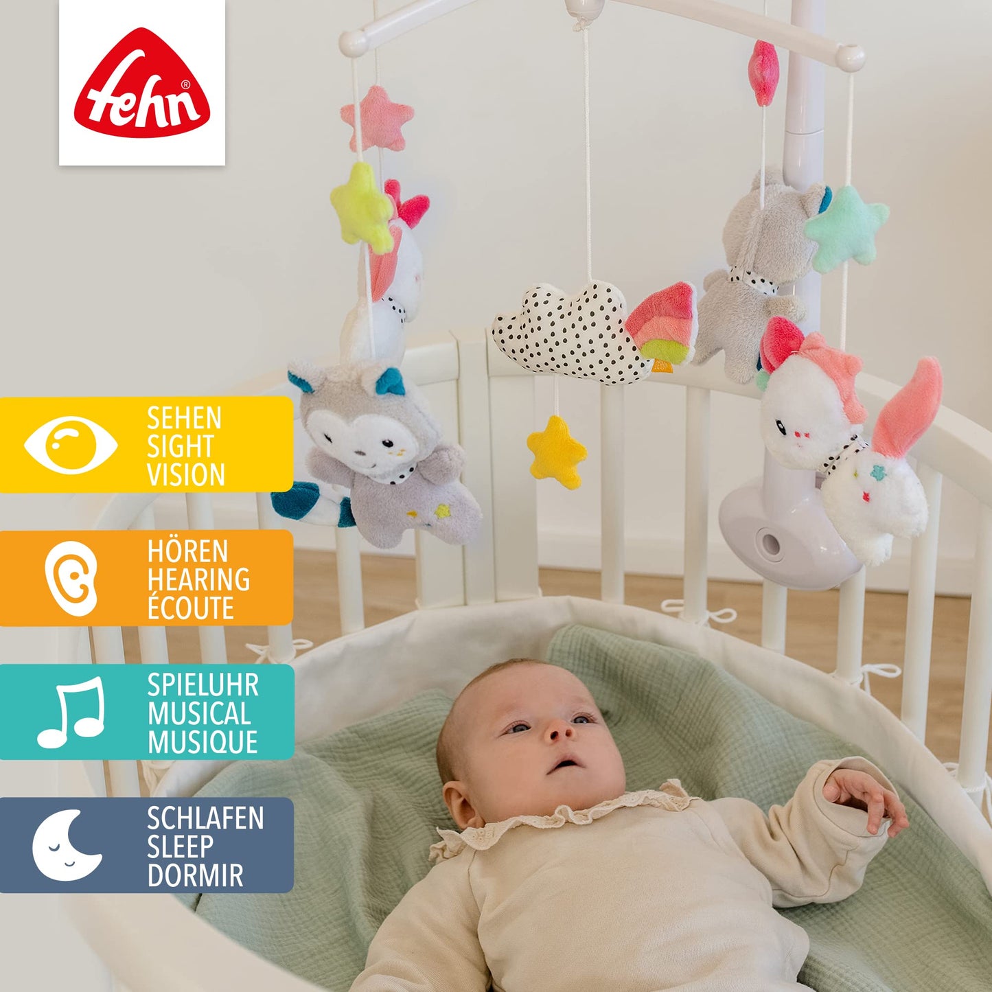Fehn Music Mobile Aiko & Yuki - Baby Sleep Aid Musical Toy with Cute Animals, Baby Mobile Music Box Melody "Mozart's Lullaby" - Music Mobile Baby Bed Accessories Toy for Babies from 0-5 Months - 057027