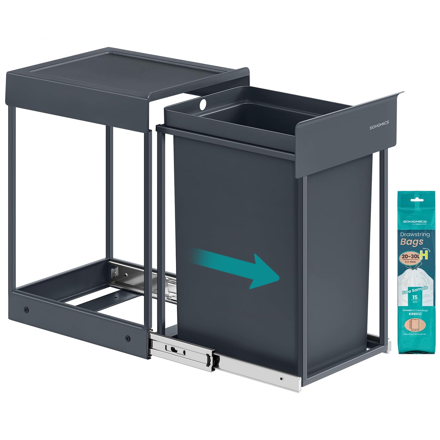 SONGMICS Kitchen trash can, for base cabinet, 1 x 20 L, extendable waste bin, steel frame, ABS lid, gray LTB920GZ01