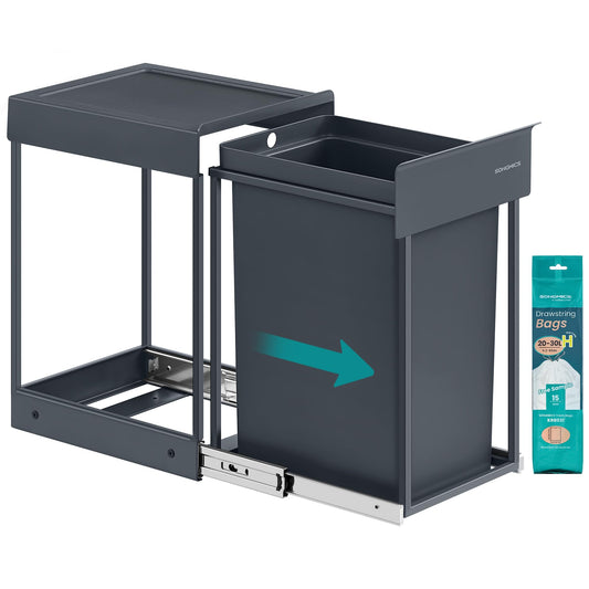 Coș de gunoi de bucătărie SONGMICS, pentru dulap de bază, 1 x 20 L, coș de gunoi extensibil, cadru din oțel, capac din ABS, gri LTB920GZ01
