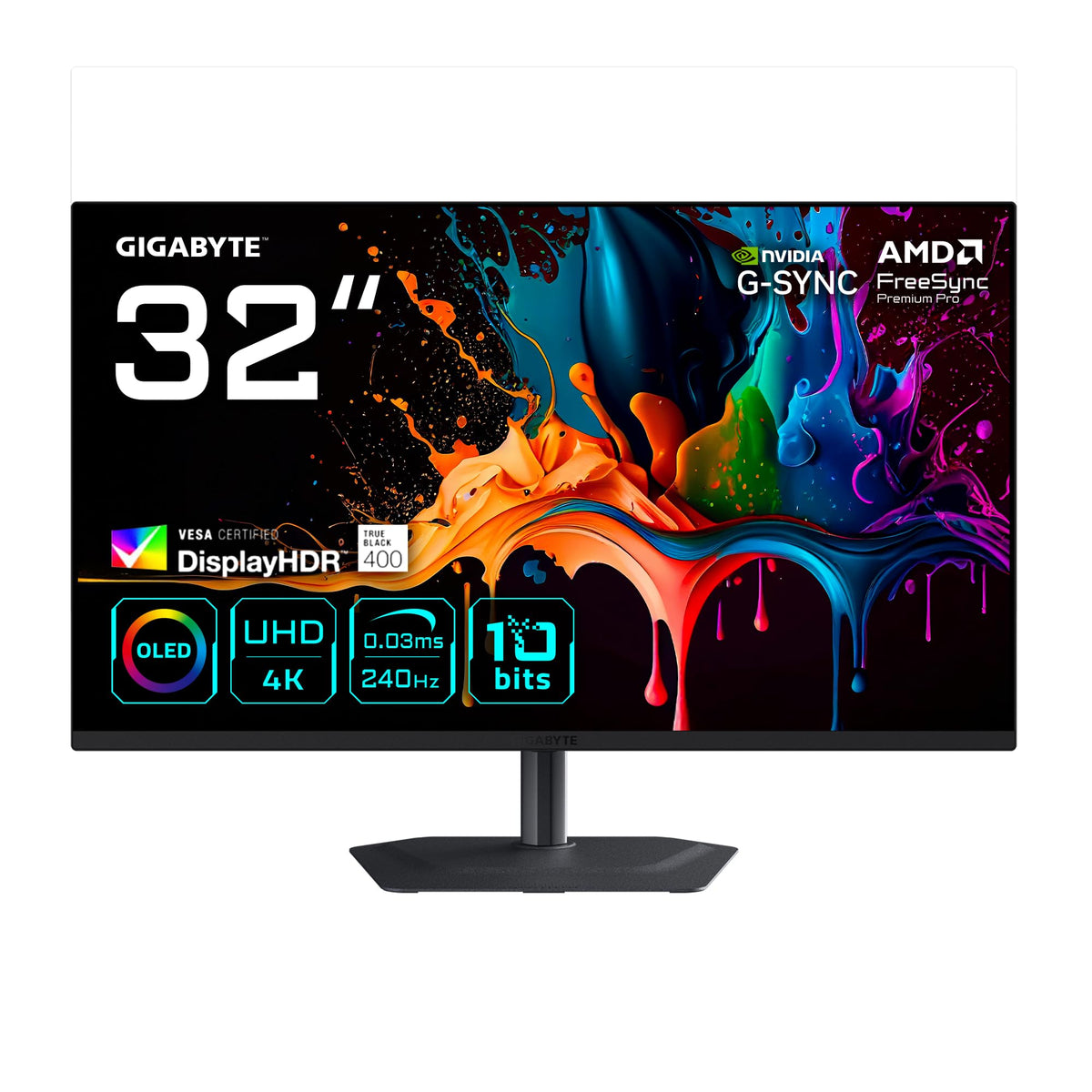 Gigabyte MO32U2 32” OLED 4K UHD Gaming-Monitor - 3840 x 2160, 240Hz, 0.03ms, 250 cd/m², G-Sync Compatibil, FreeSync Premium Pro, Display HDR True Black 400, HDMI 2.1, DisplayPort 1.4