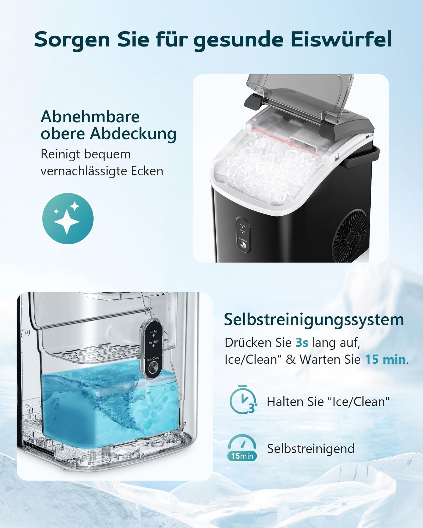 EUHOMY Ice Cube Machine, 15kg/24h, Production in 6 Minutes, Crushed Ice Maker, Nuggets Ice, Automatic Cleaning, 120W Table Ice Cube Machine, Infrared Sensor, Energy Efficient, Black - B0CSYGQPW2