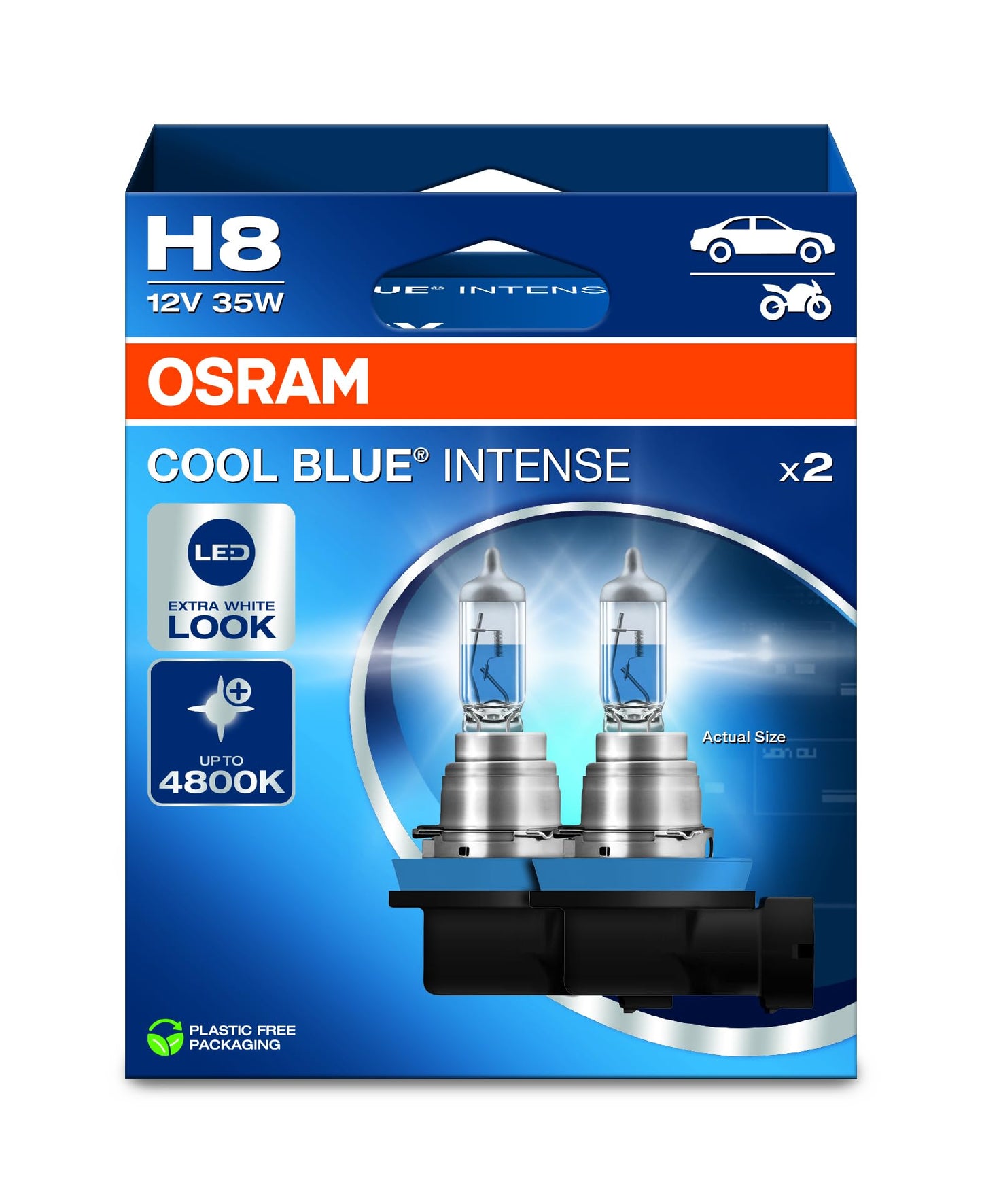 Osram COOL BLUE® INTENSE H8, up to 4,800K, halogen headlight lamp, LED look, Hanging folding box (2 lamps) - 64212CBN-2HB