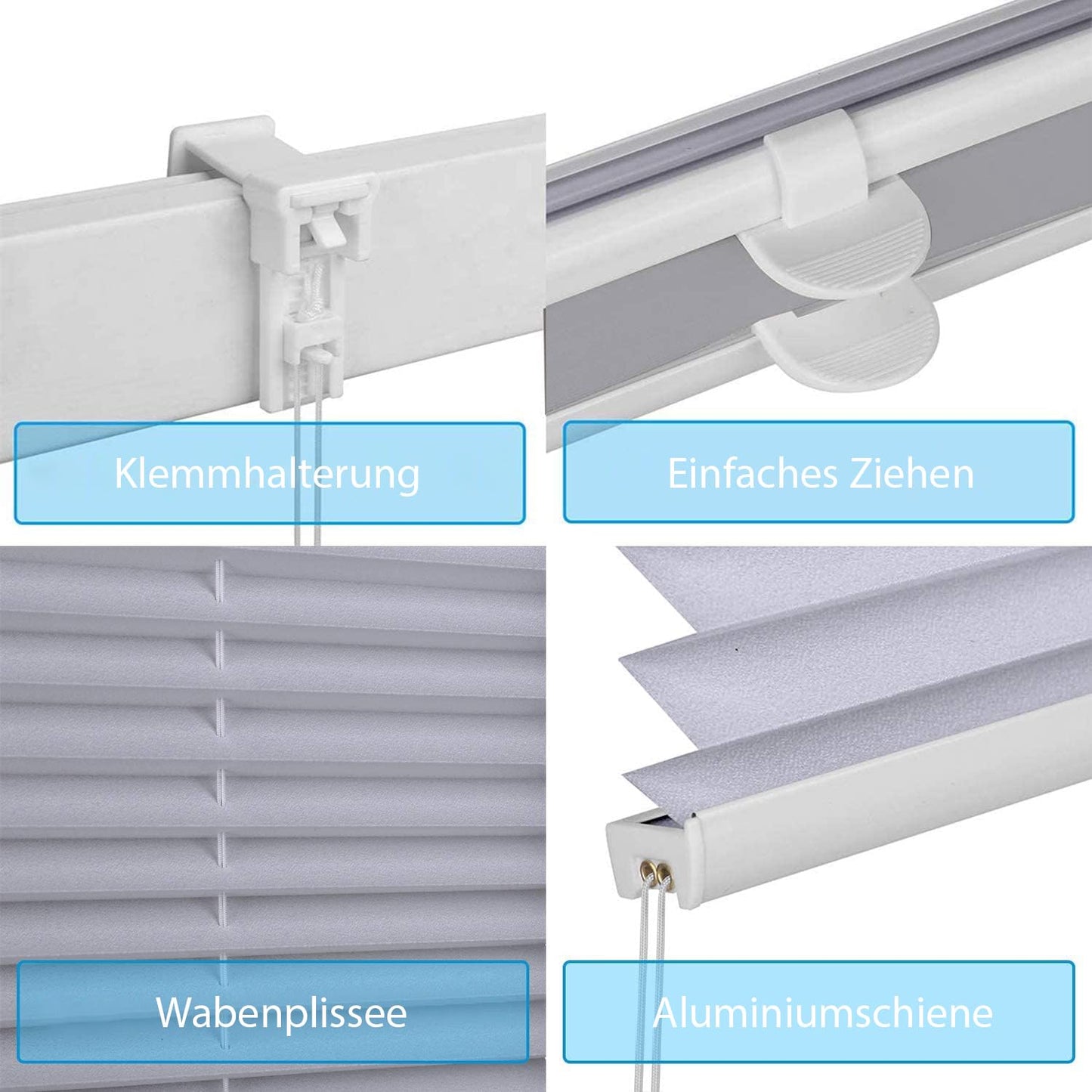 Sekey pleated blinds without drilling, window pleated blinds Klemmfix blinds 130 cm wide, tensioned opaque sun protection window blind, 130x150cm, blue-gray - BL-1330