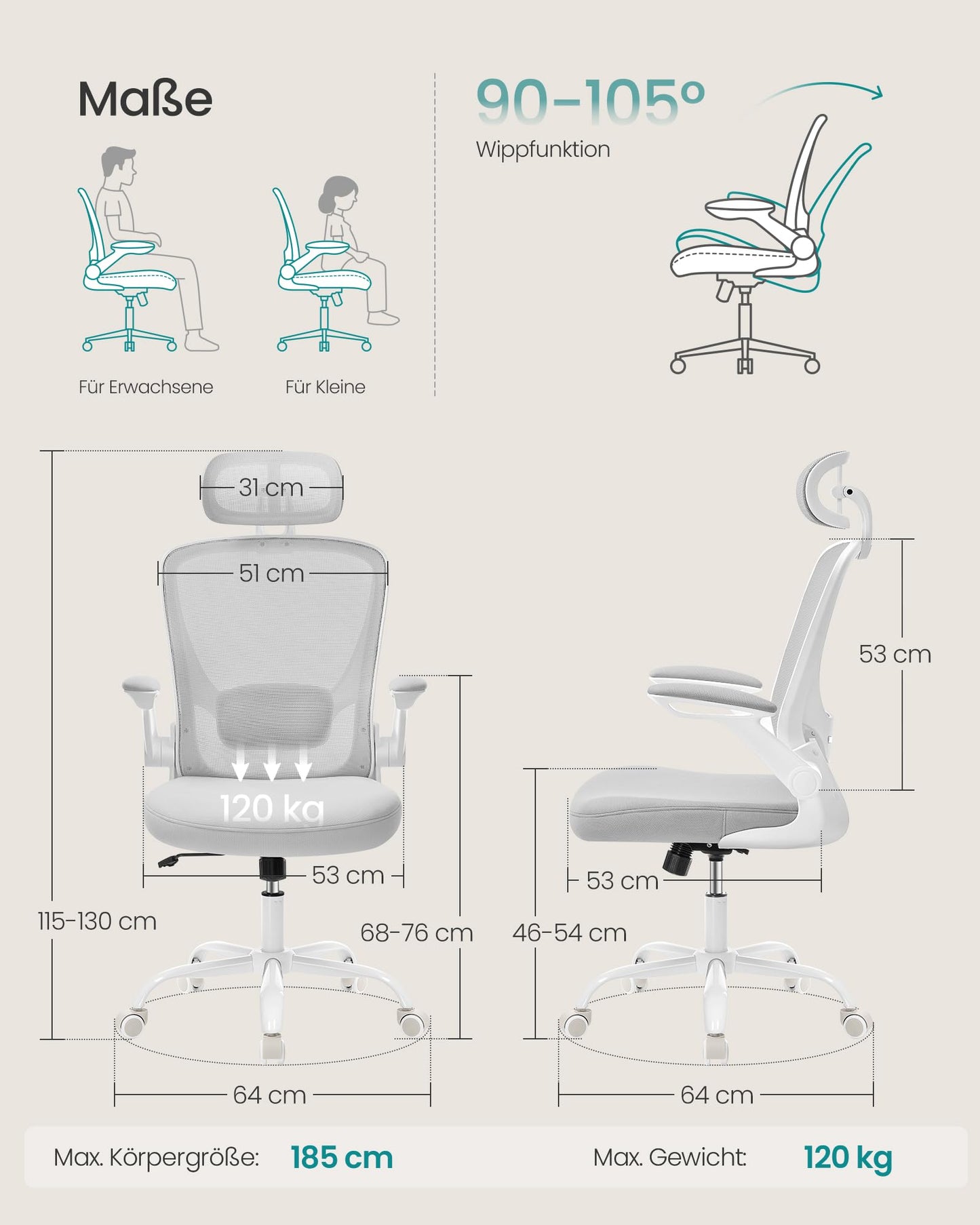 SONGMICS ergonomic office chair, swivel chair with mesh, lumbar and headrest, rocker function, 53 cm seat, folding armrests, study and bedroom, students, dove gray OBN047G01 - OBN047G02