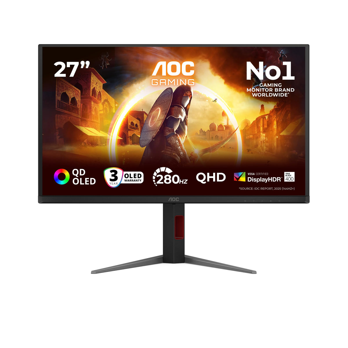 AOC Q27G4ZD Monitor de gaming de 27 inch WQHD cu Hub USB, 280Hz, panou QD-OLED, 0.03ms GtG, HDR400 TrueBlack, compatibil G-Sync, ajustare pe înălțime, (2560x1440 HDMI 2X 2.1 DP 1x 1.4) Negru